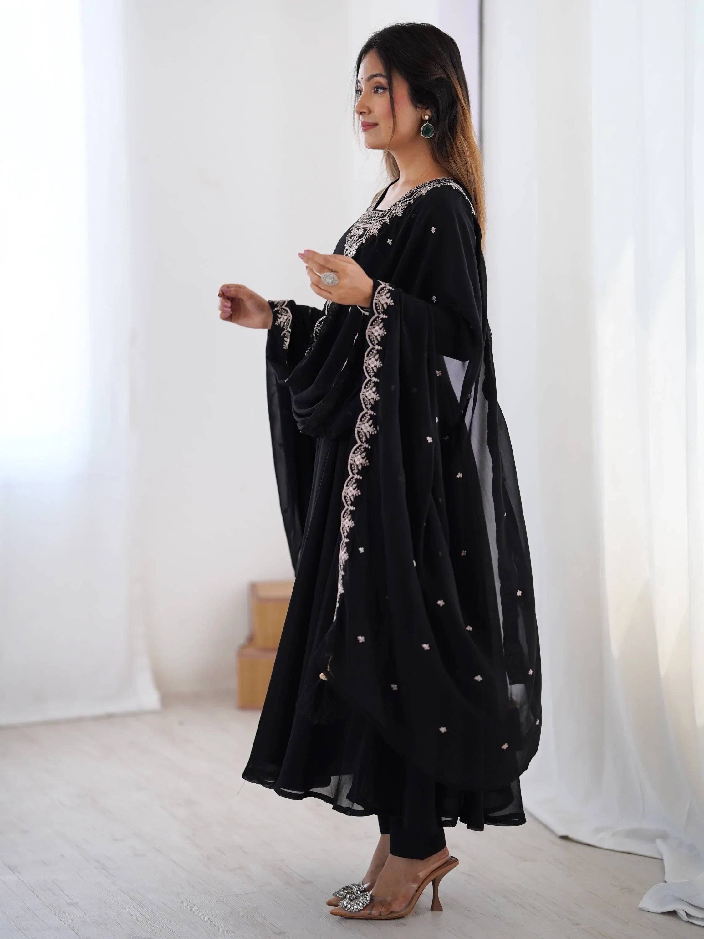 Black Fabulous Embroidered Georgette Anarkali Suit With Dupatta