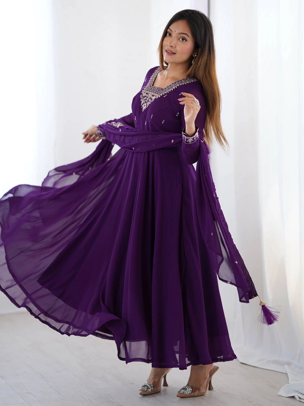 Purple Fabulous Embroidered Georgette Anarkali Suit With Dupatta