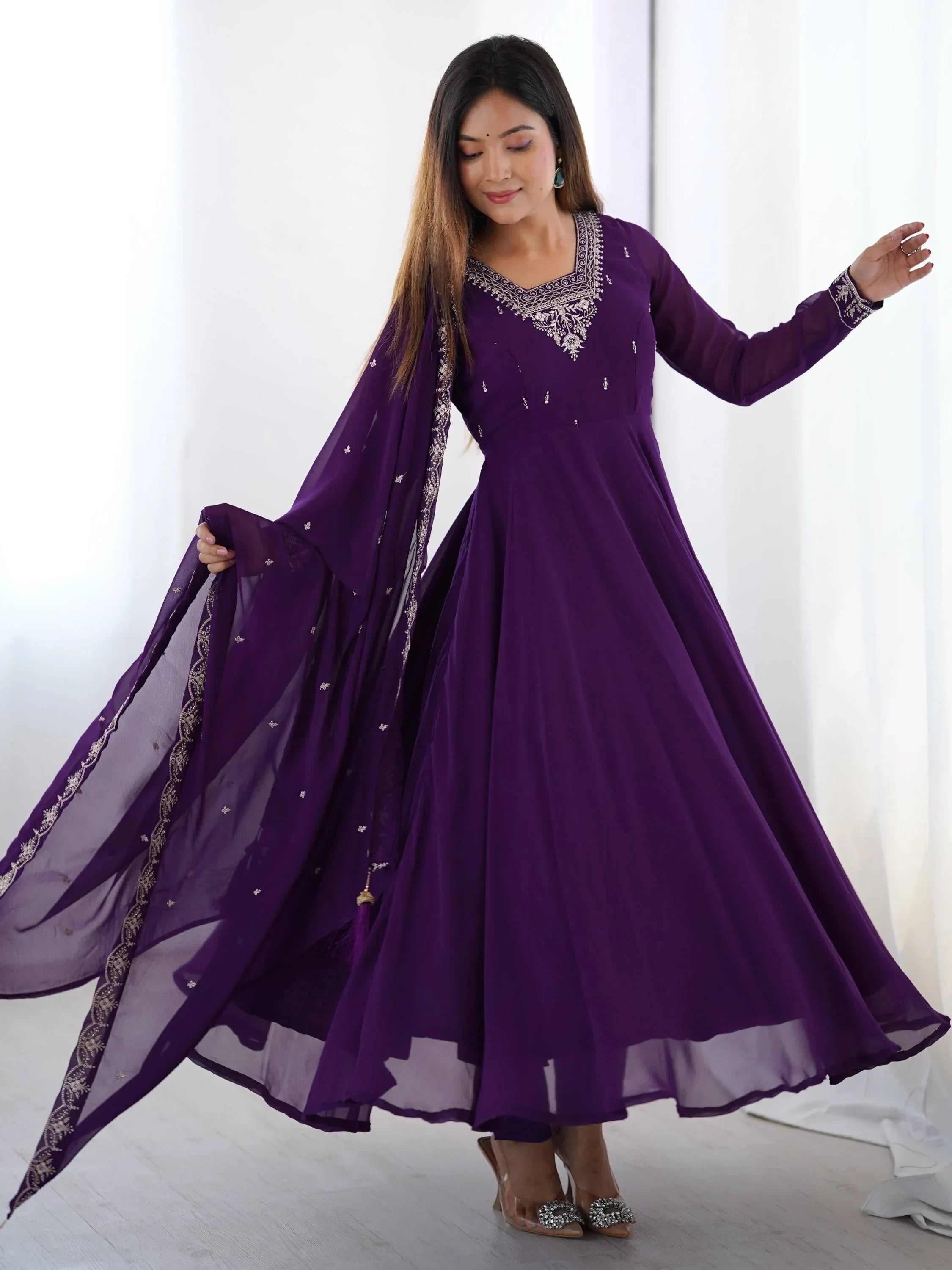 Purple Fabulous Embroidered Georgette Anarkali Suit With Dupatta