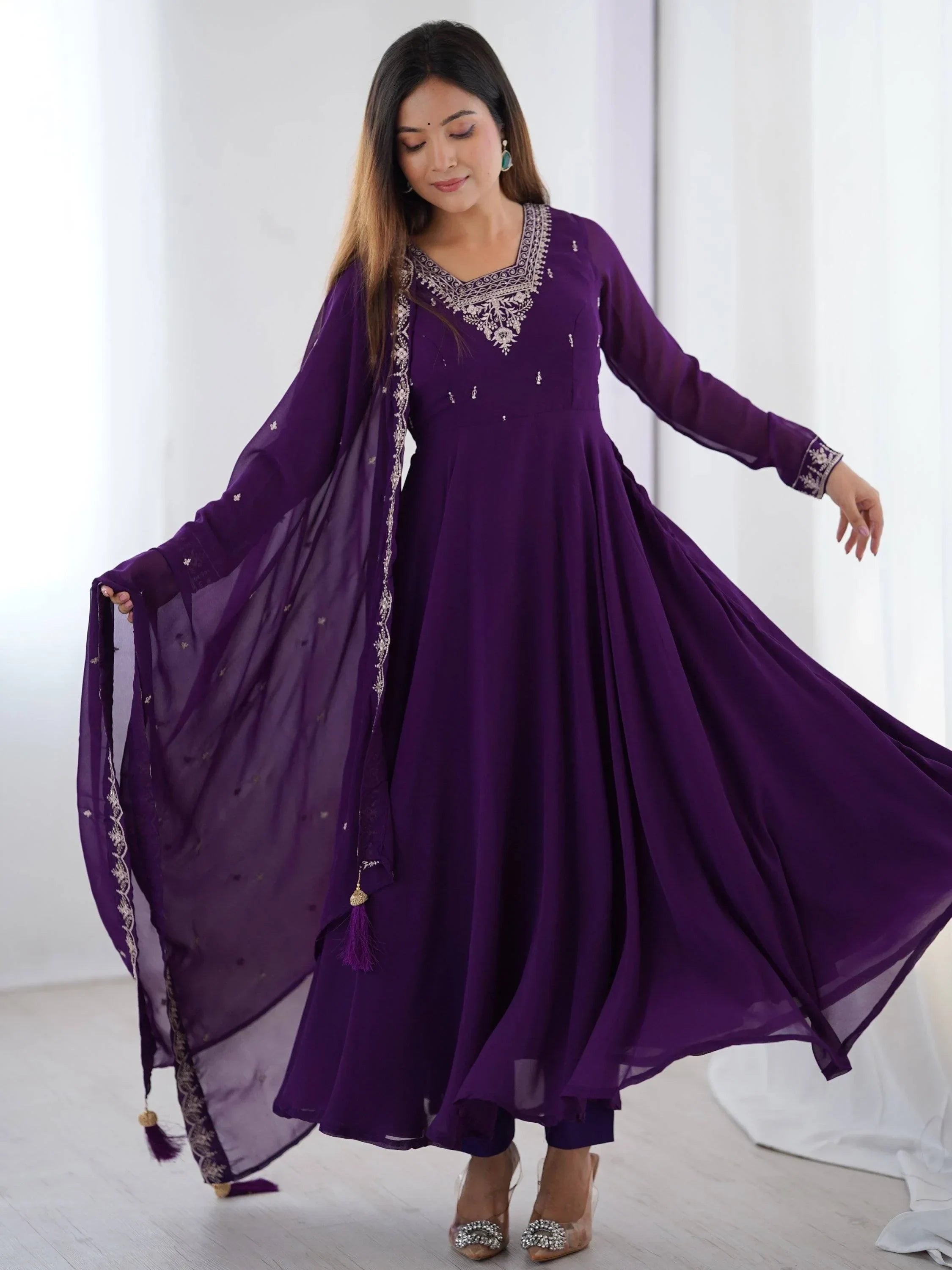 Purple Fabulous Embroidered Georgette Anarkali Suit With Dupatta