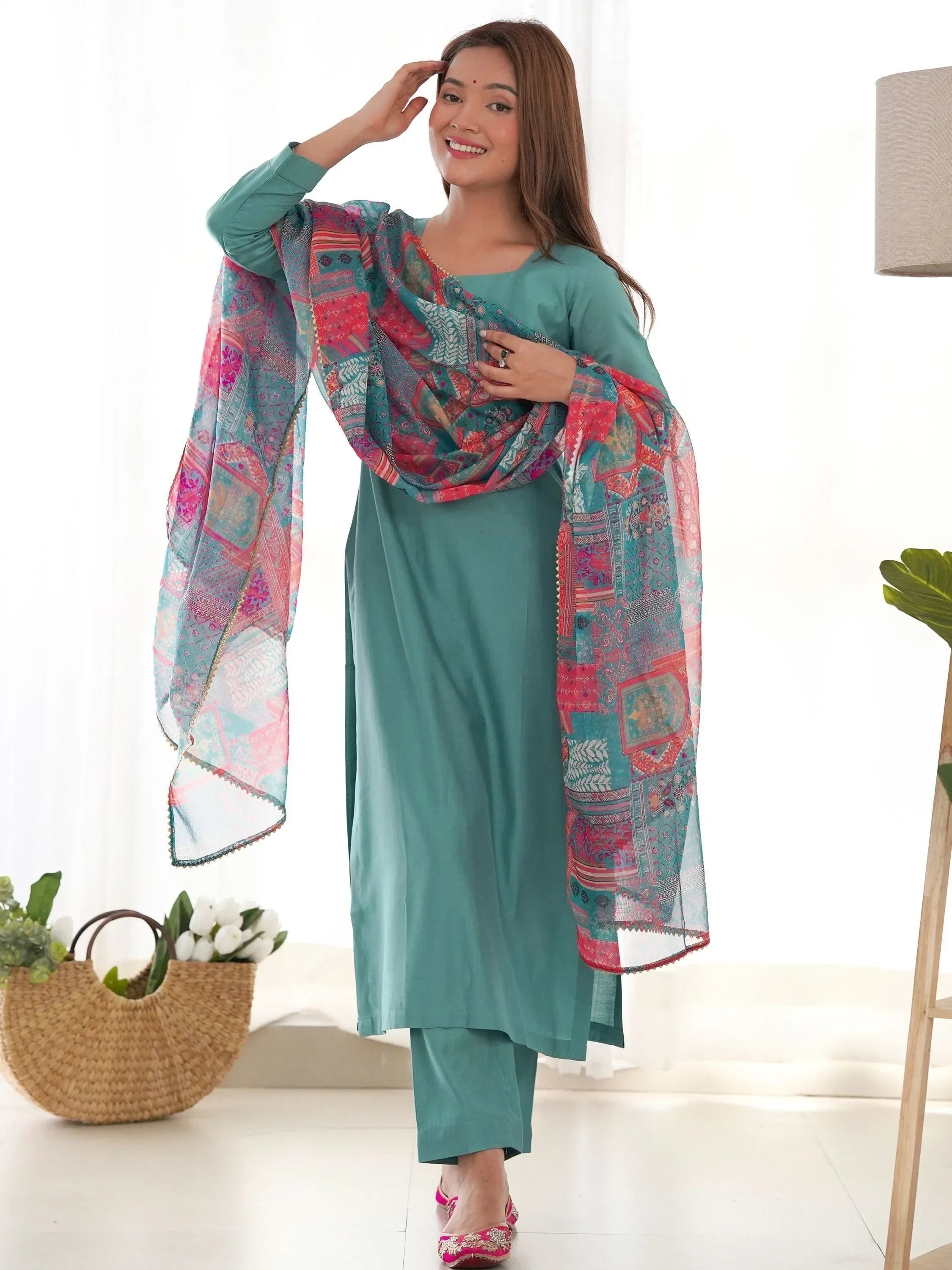 Sea Green Wonderful Cotton Festival Wear Straight Kurta With Pant