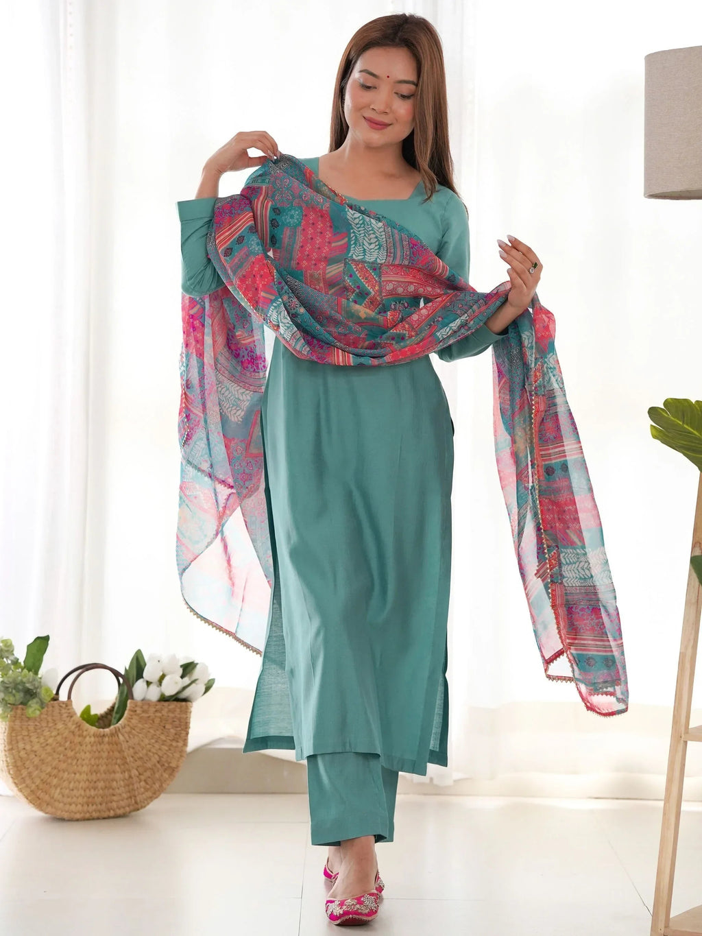 Sea Green Wonderful Cotton Festival Wear Straight Kurta With Pant