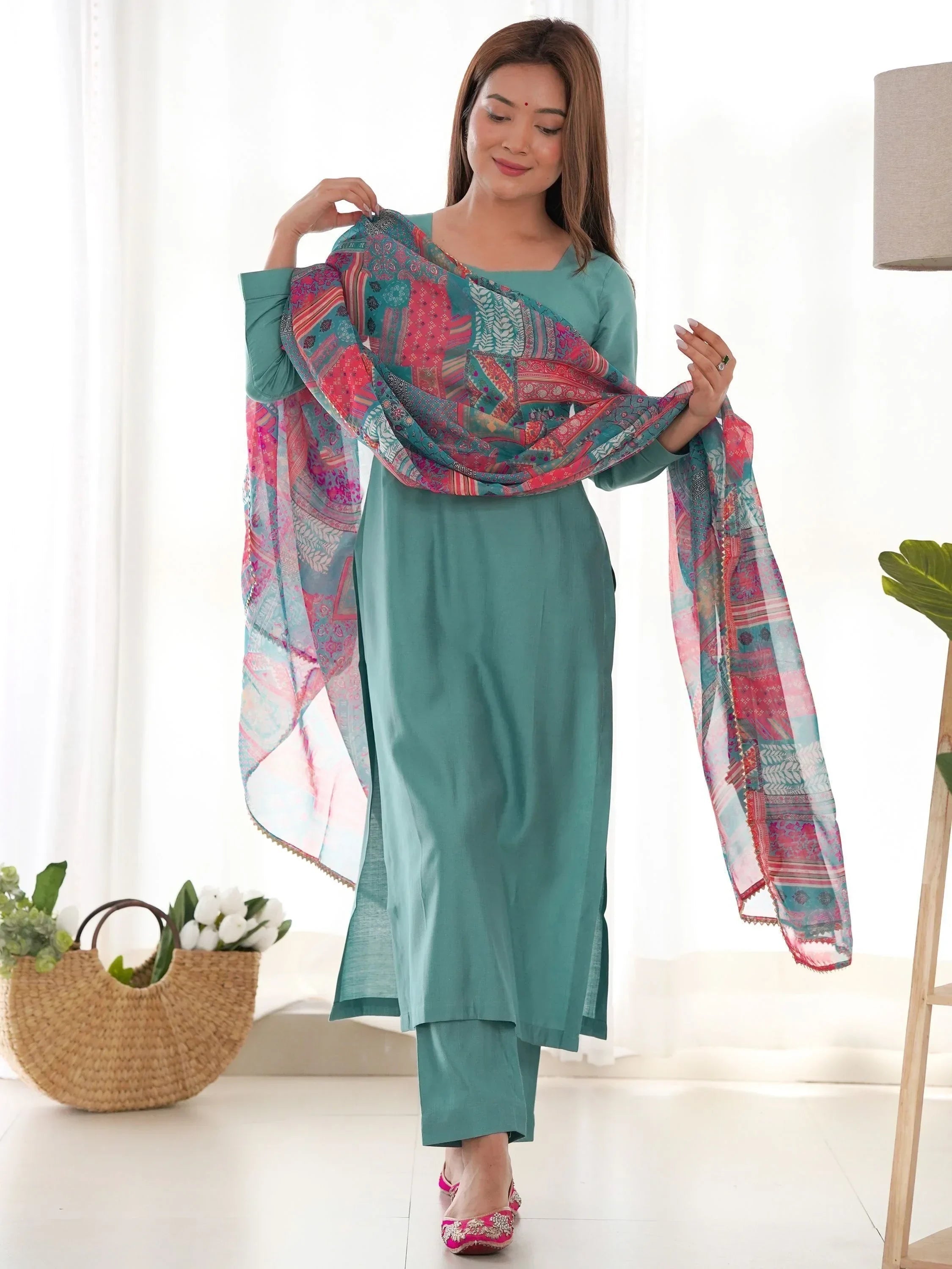 Sea Green Wonderful Cotton Festival Wear Straight Kurta With Pant
