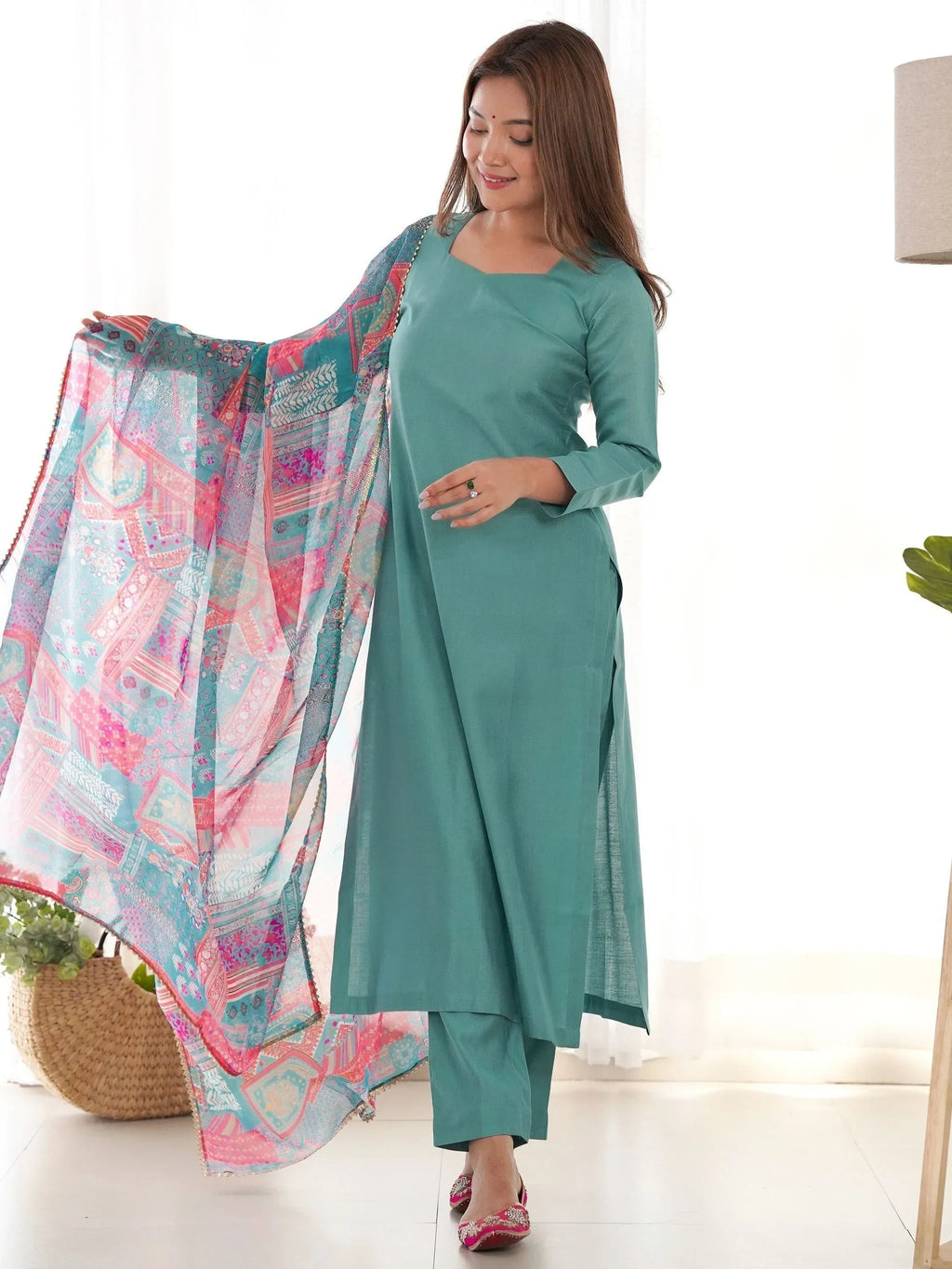 Sea Green Wonderful Cotton Festival Wear Straight Kurta With Pant