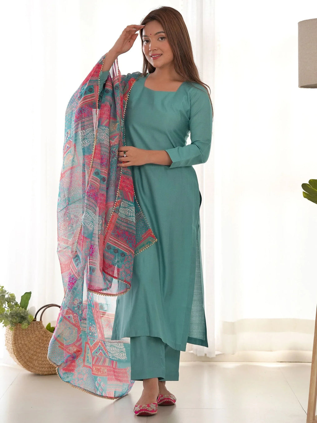 Sea Green Wonderful Cotton Festival Wear Straight Kurta With Pant