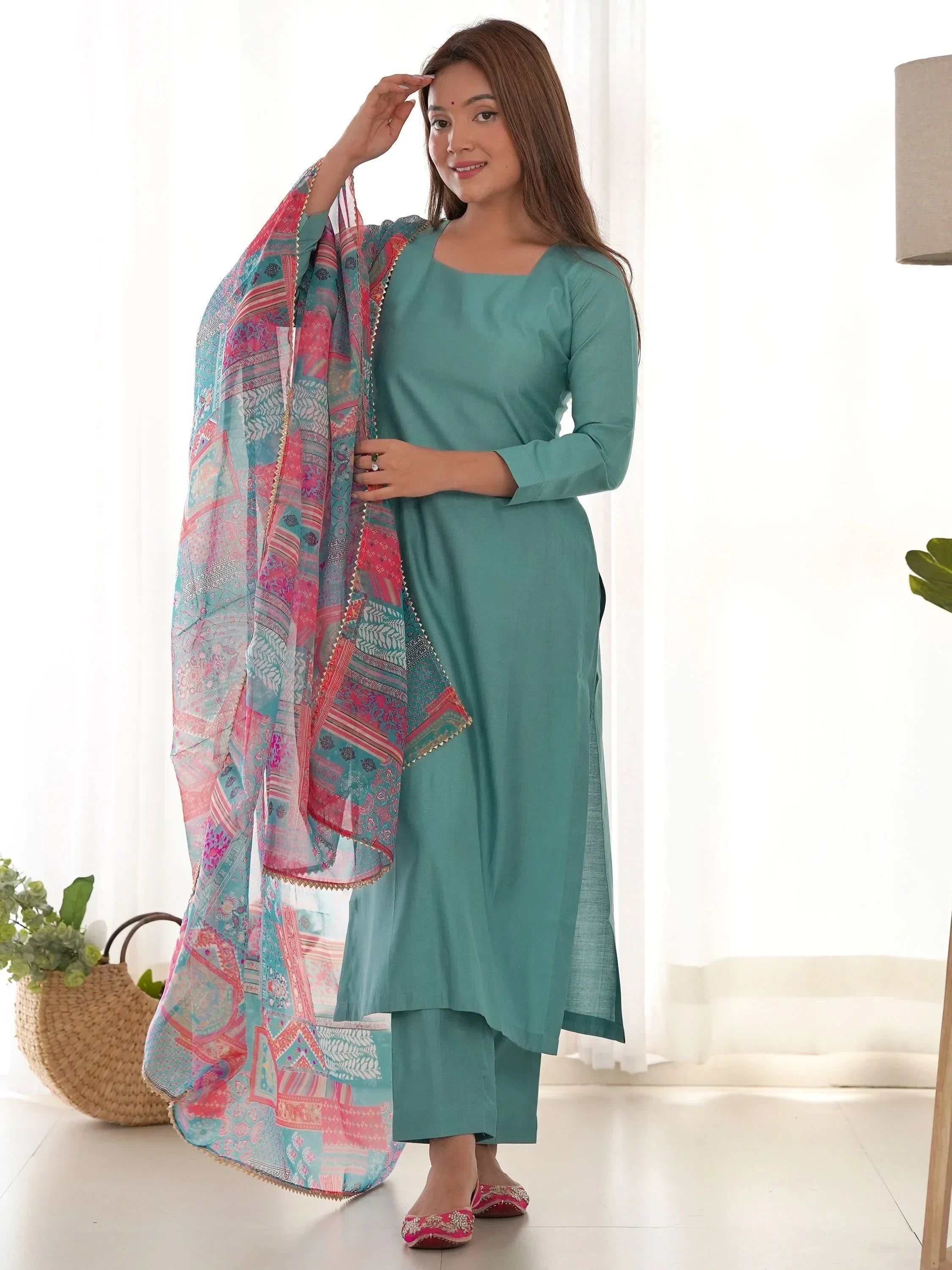 Sea Green Wonderful Cotton Festival Wear Straight Kurta With Pant