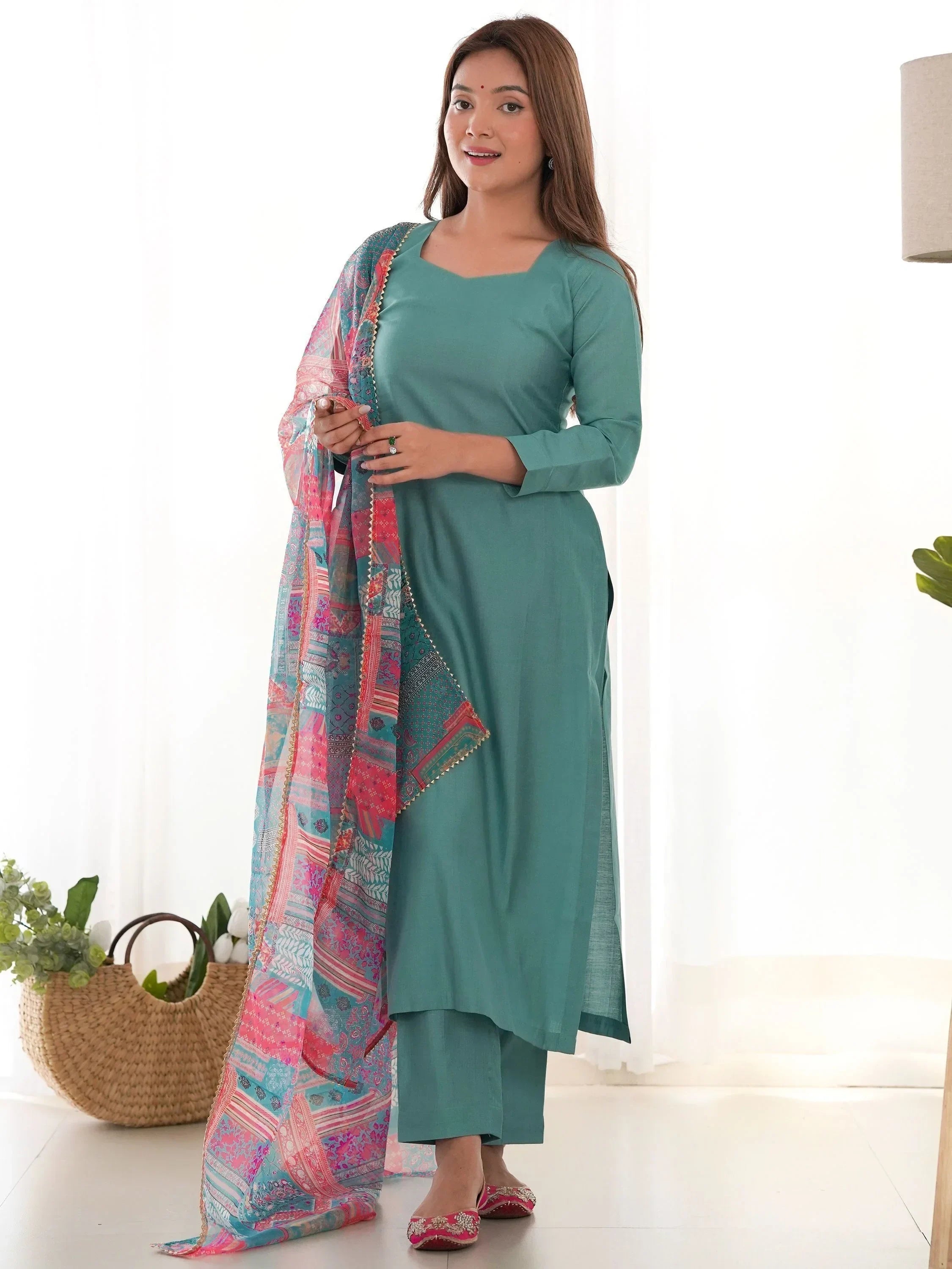 Sea Green Wonderful Cotton Festival Wear Straight Kurta With Pant