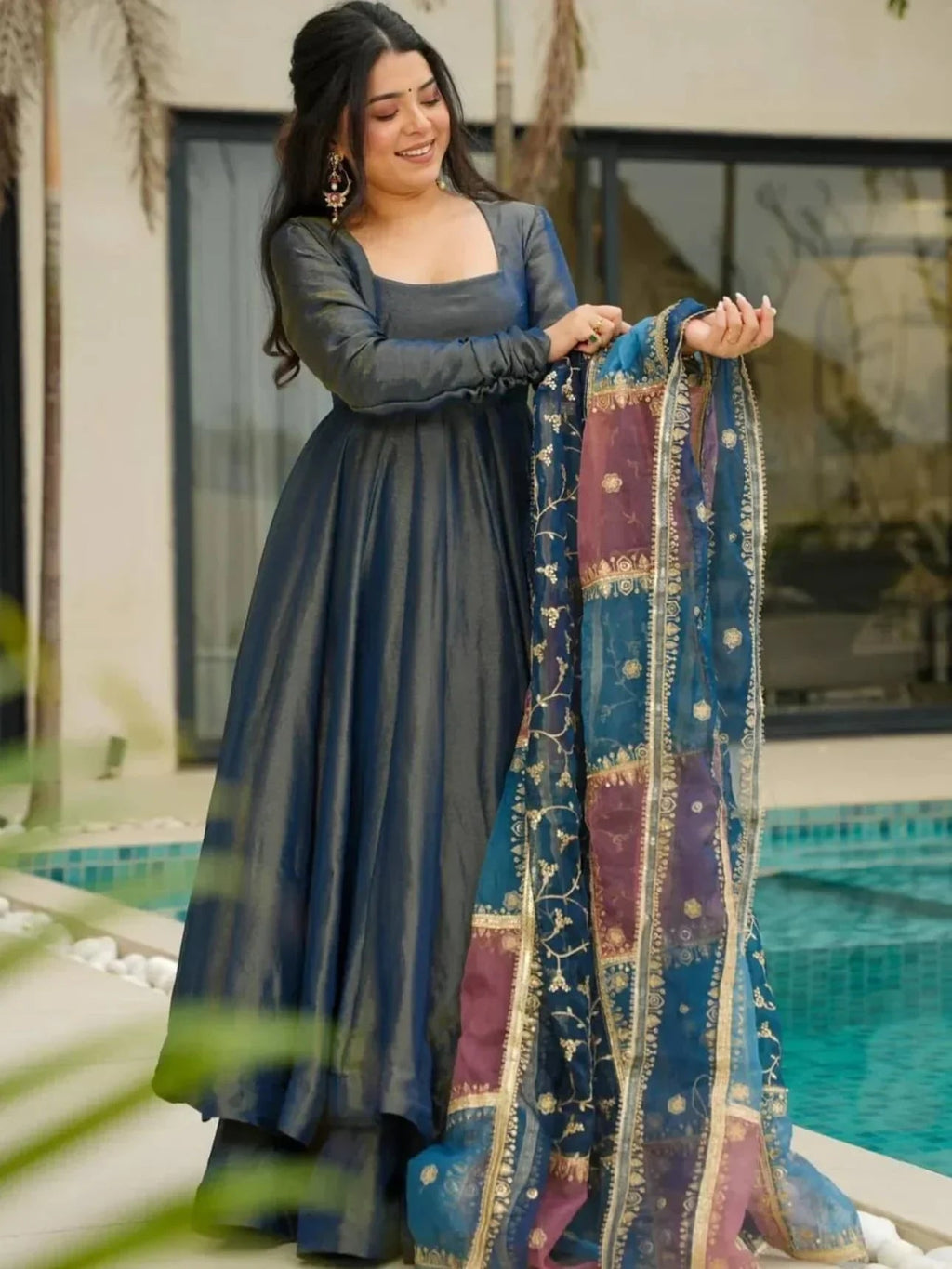 Teal Superb Silk Festive Wear Palazzo Suit With Sequins Dupatta