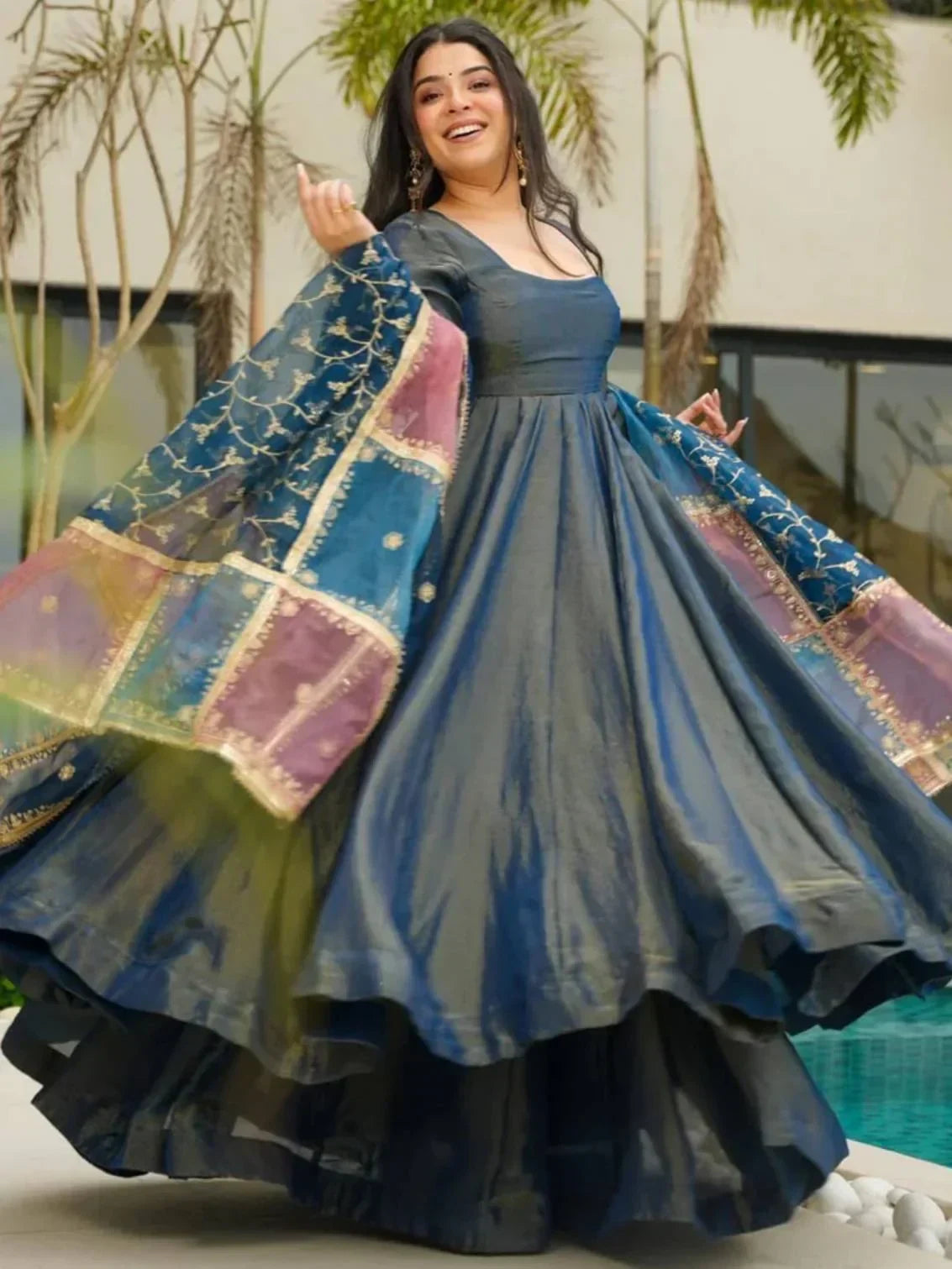 Teal Superb Silk Festive Wear Palazzo Suit With Sequins Dupatta