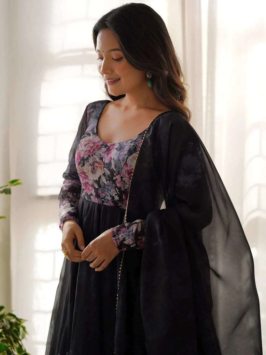Black Bewitching Floral Printed Organza Traditional Anarkali Suit Pant