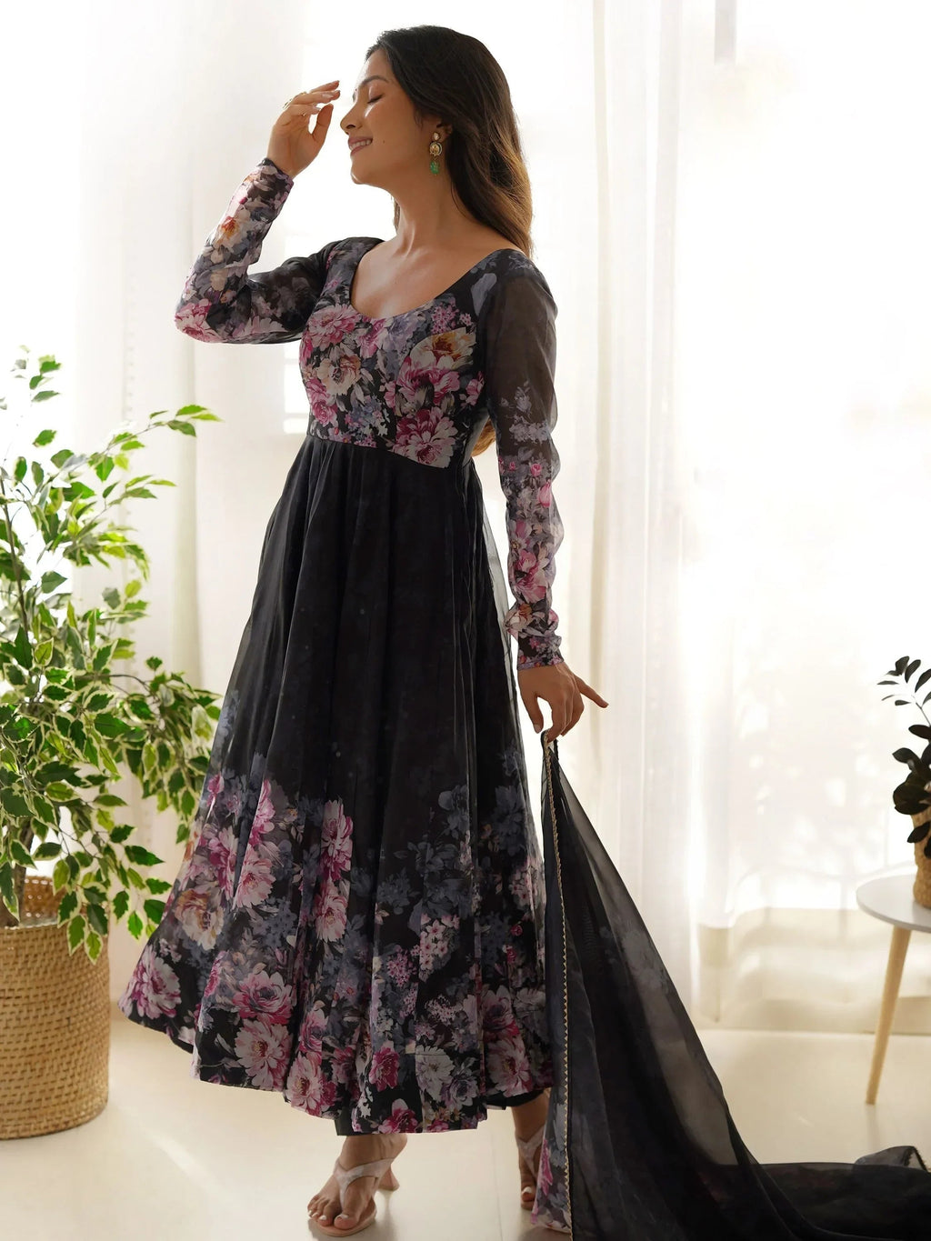 Black Bewitching Floral Printed Organza Traditional Anarkali Suit Pant