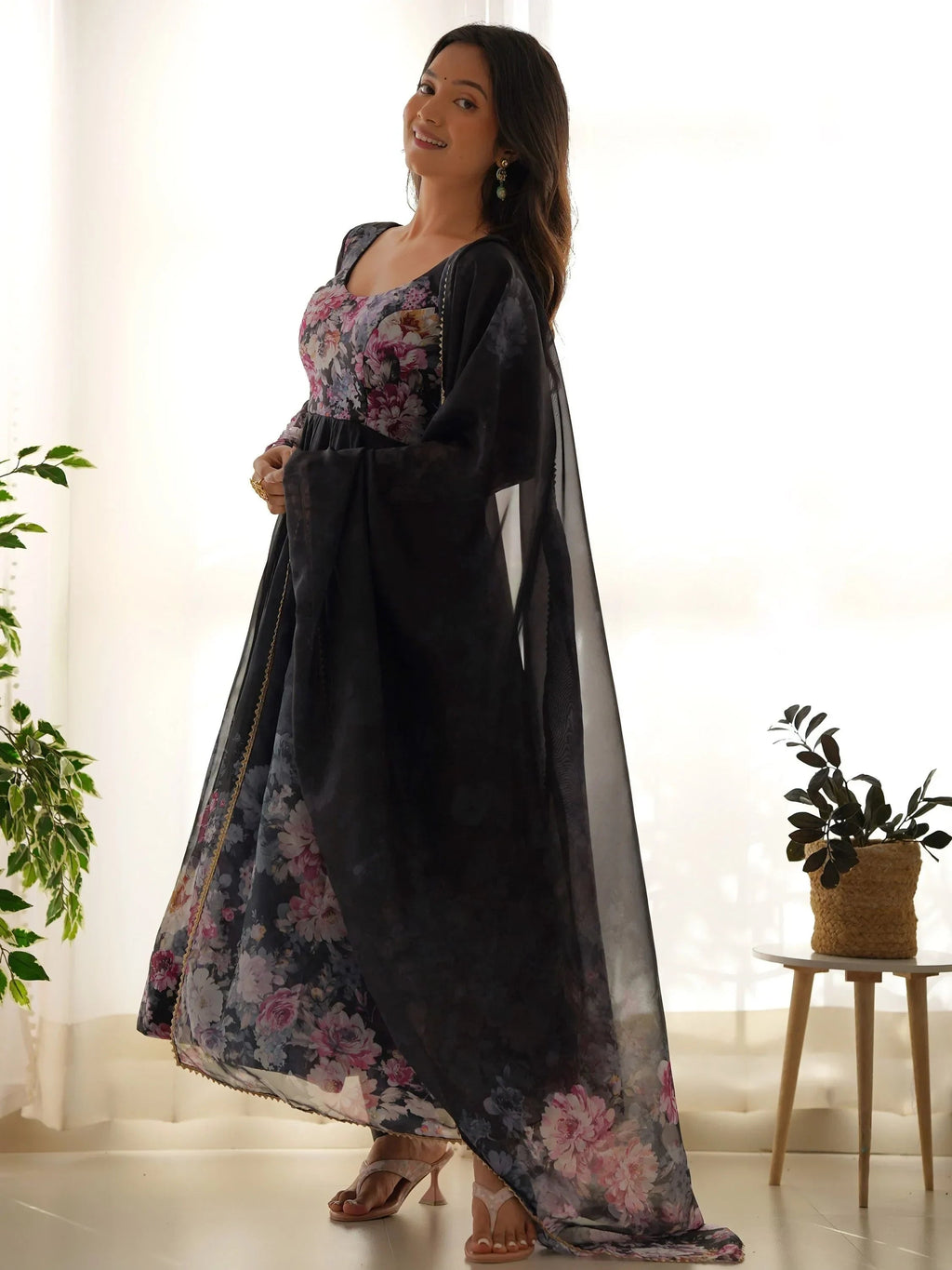 Black Bewitching Floral Printed Organza Traditional Anarkali Suit Pant