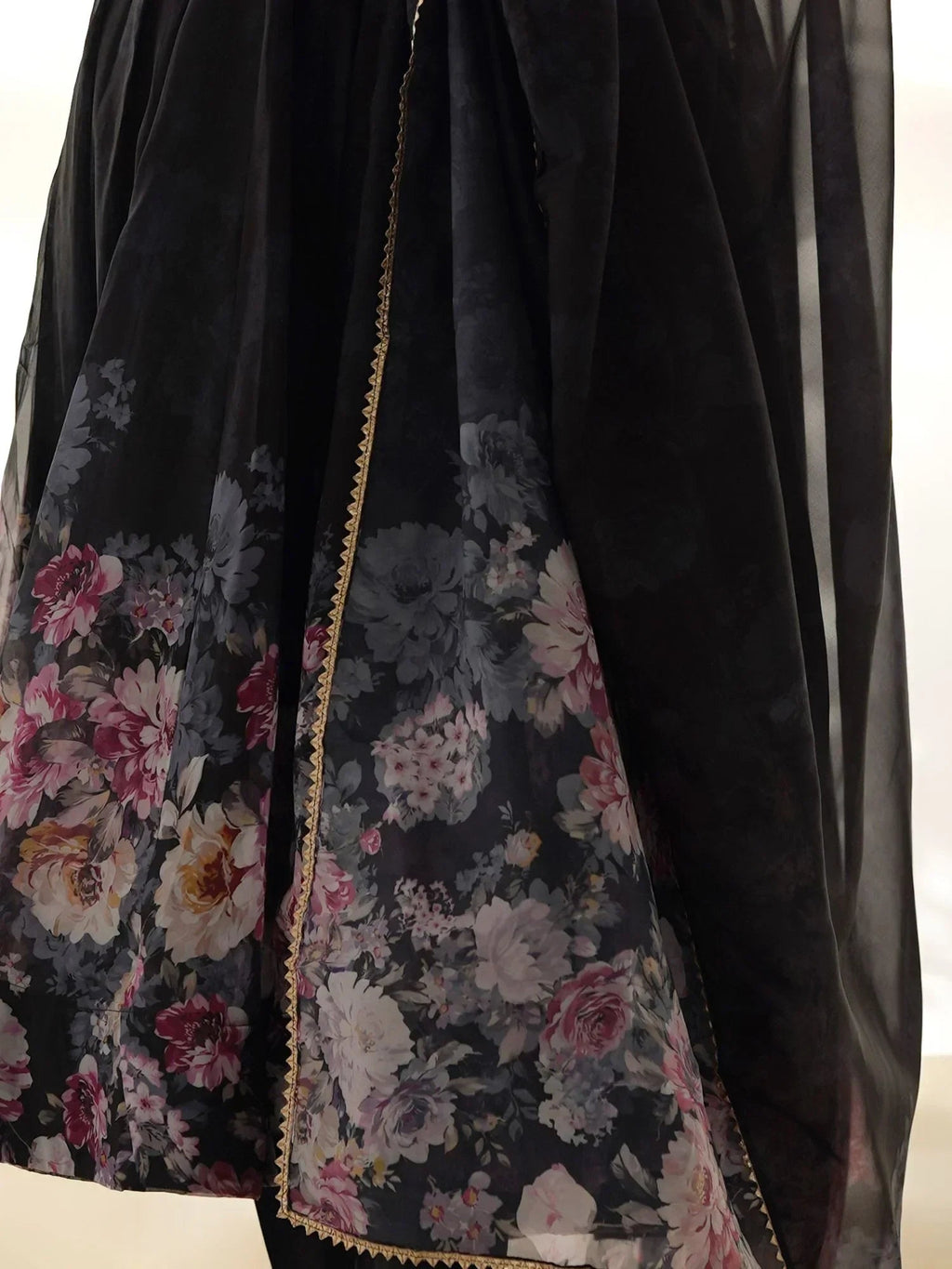 Black Bewitching Floral Printed Organza Traditional Anarkali Suit Pant