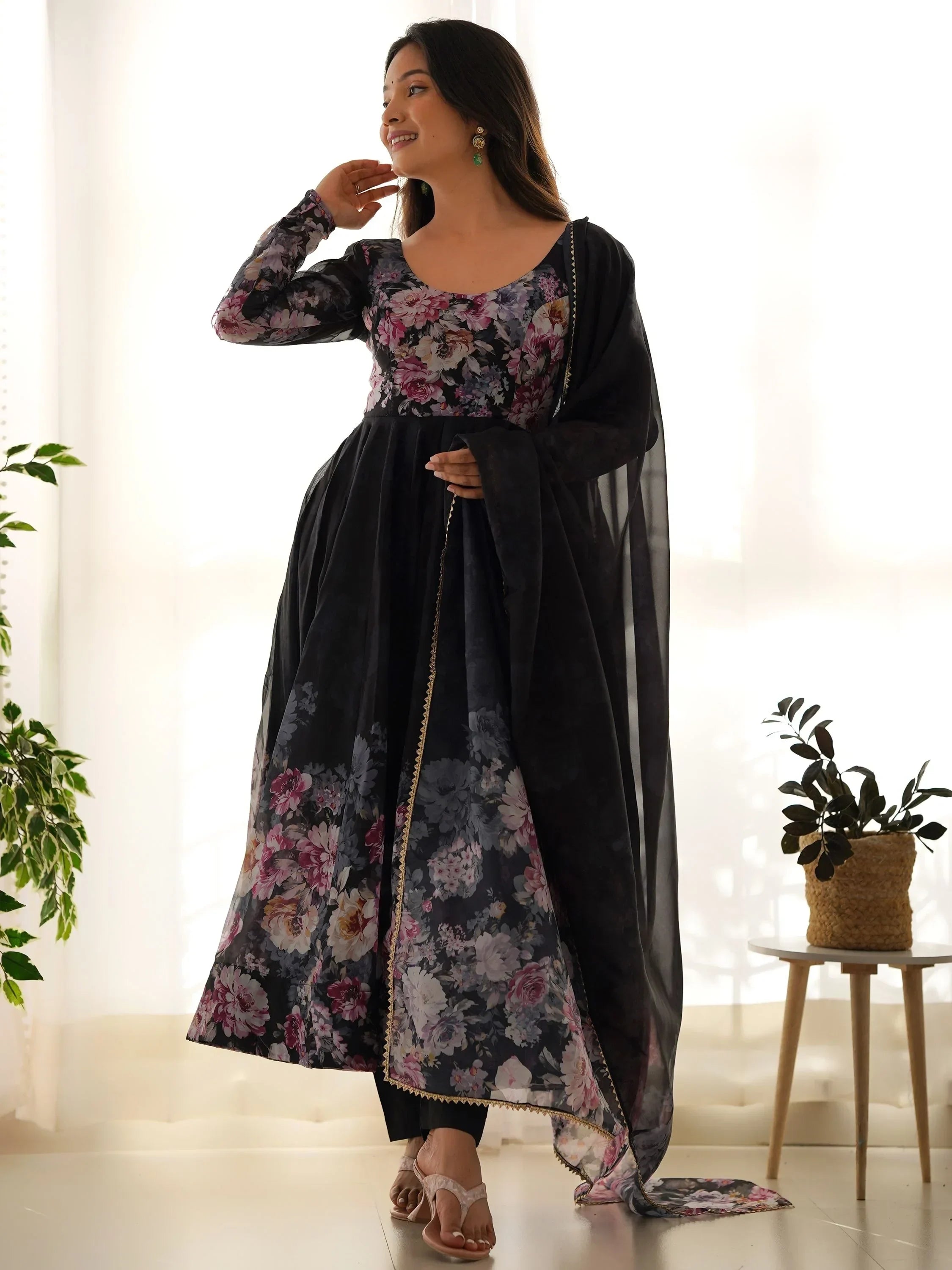 Black Bewitching Floral Printed Organza Traditional Anarkali Suit Pant