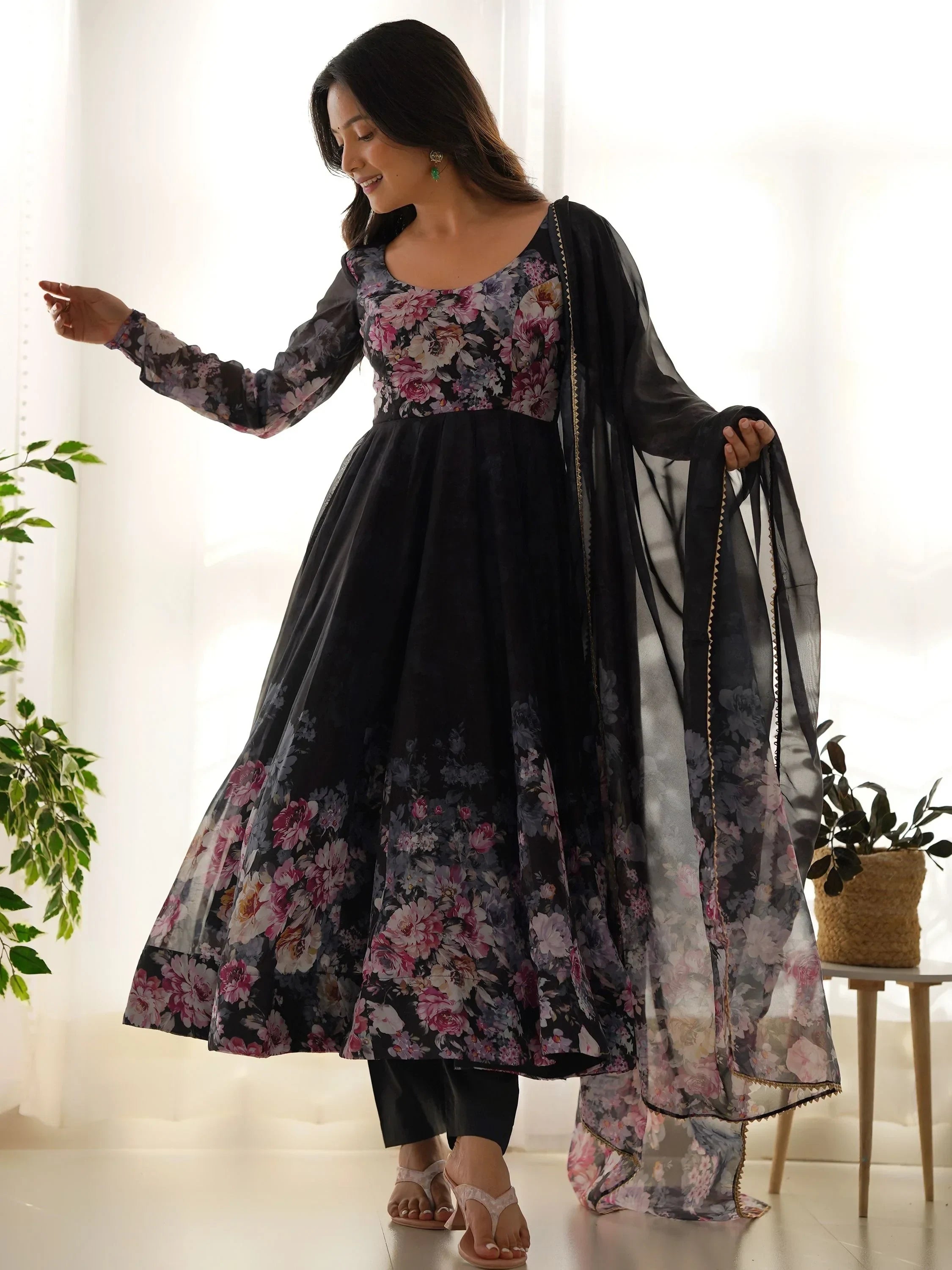 Black Bewitching Floral Printed Organza Traditional Anarkali Suit Pant