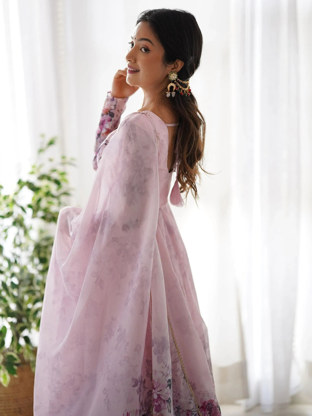 Pink Bewitching Floral Printed Organza Traditional Anarkali Suit Pant