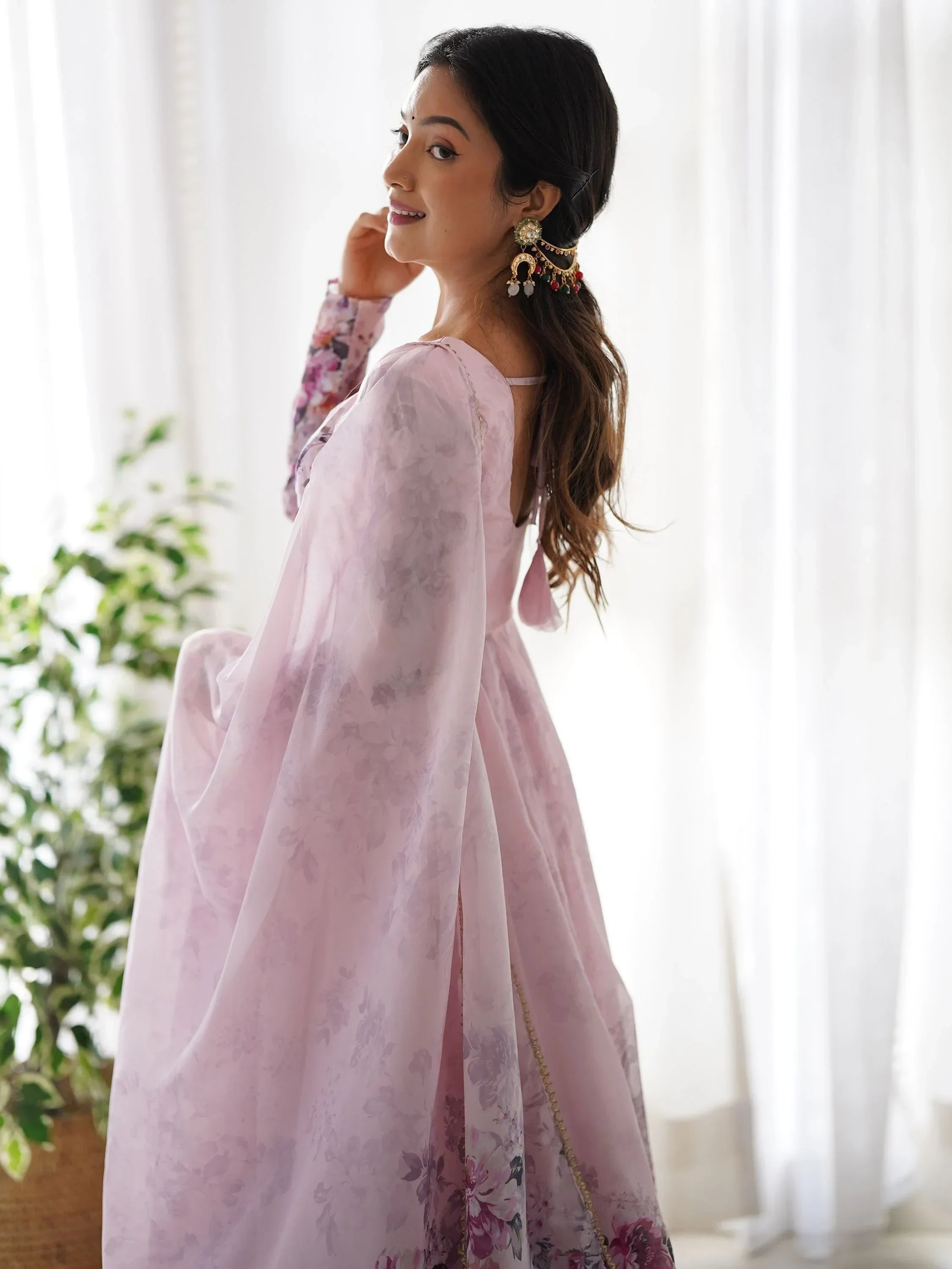 Pink Bewitching Floral Printed Organza Traditional Anarkali Suit Pant