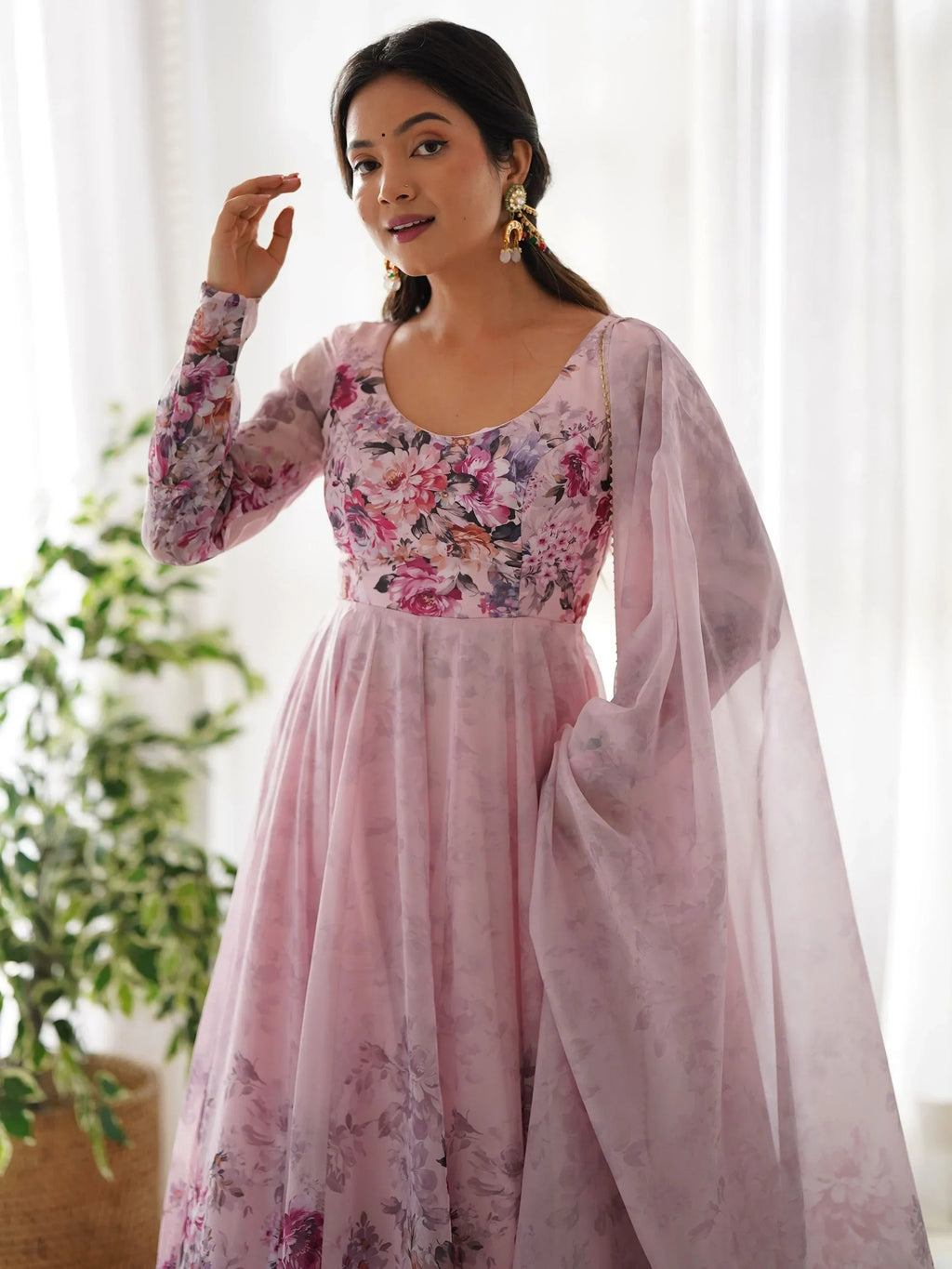 Pink Bewitching Floral Printed Organza Traditional Anarkali Suit Pant