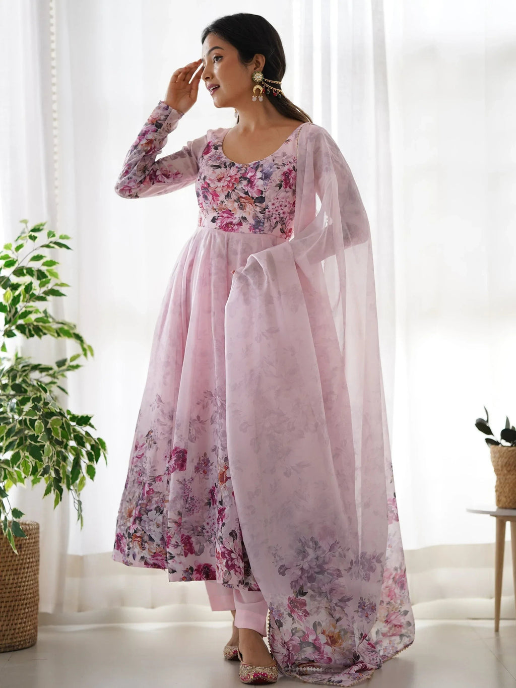 Pink Bewitching Floral Printed Organza Traditional Anarkali Suit Pant