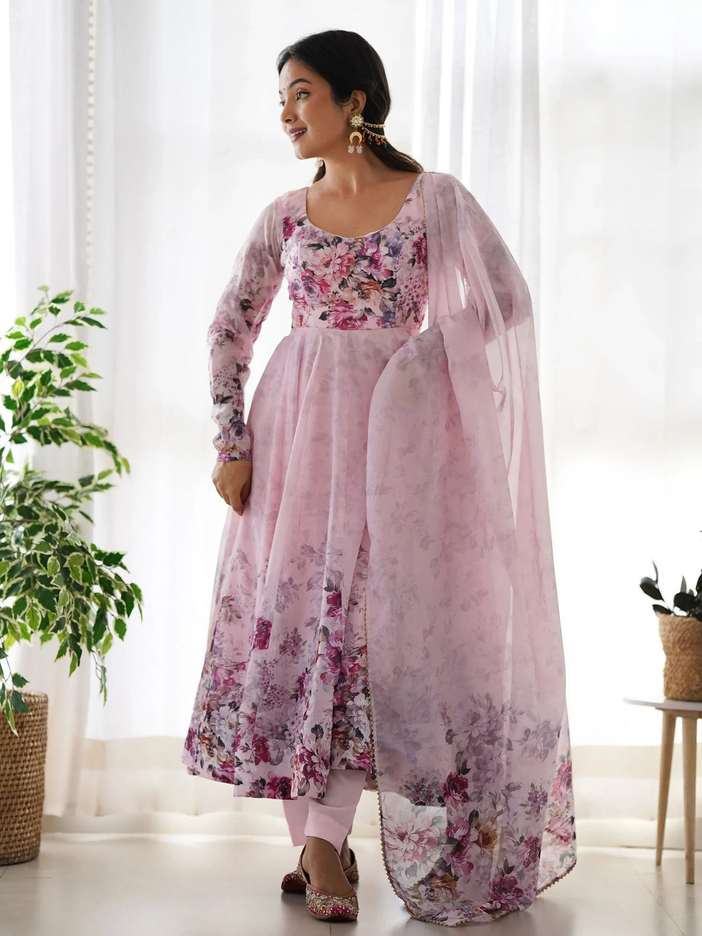 Pink Bewitching Floral Printed Organza Traditional Anarkali Suit Pant