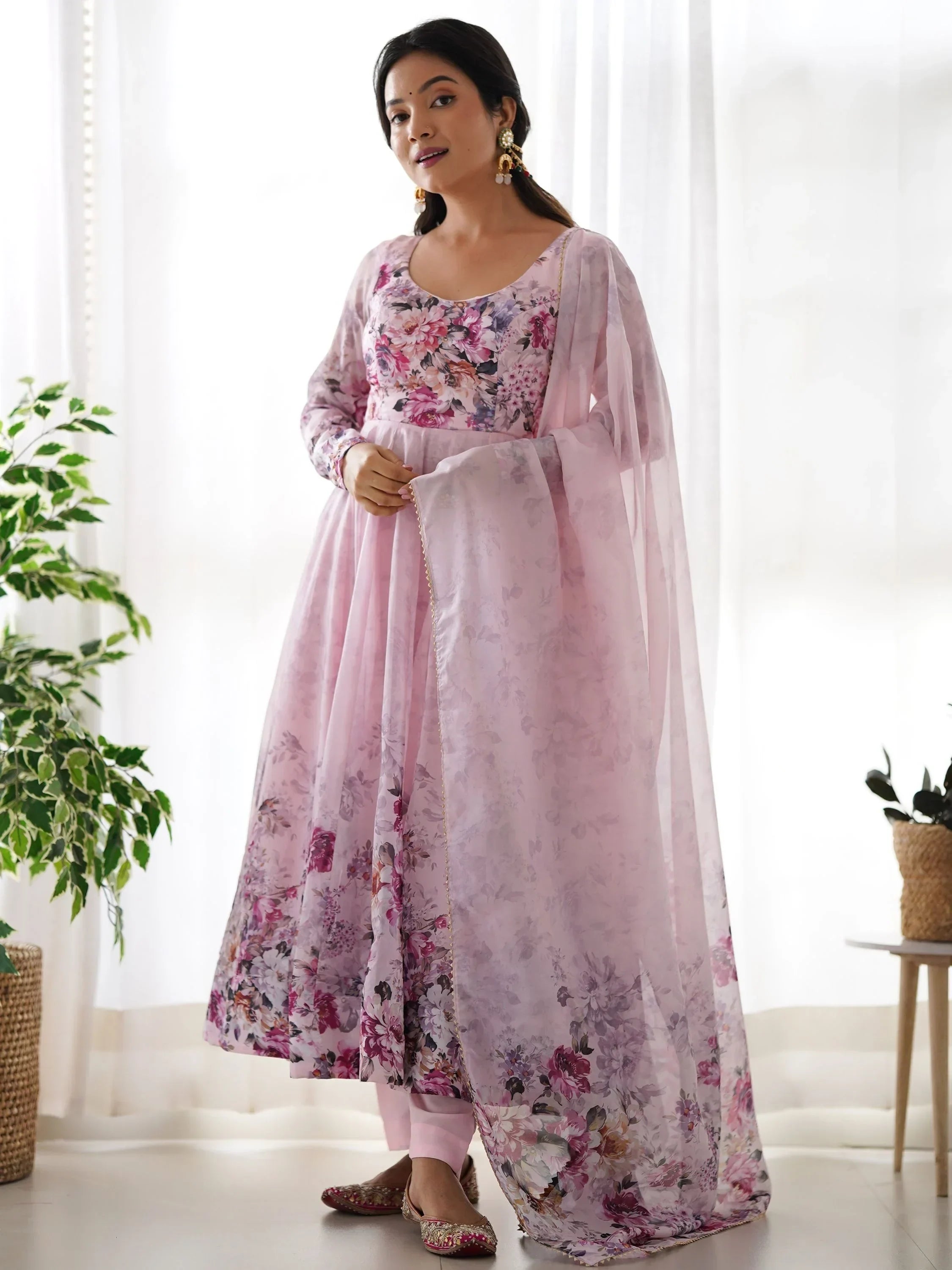 Pink Bewitching Floral Printed Organza Traditional Anarkali Suit Pant