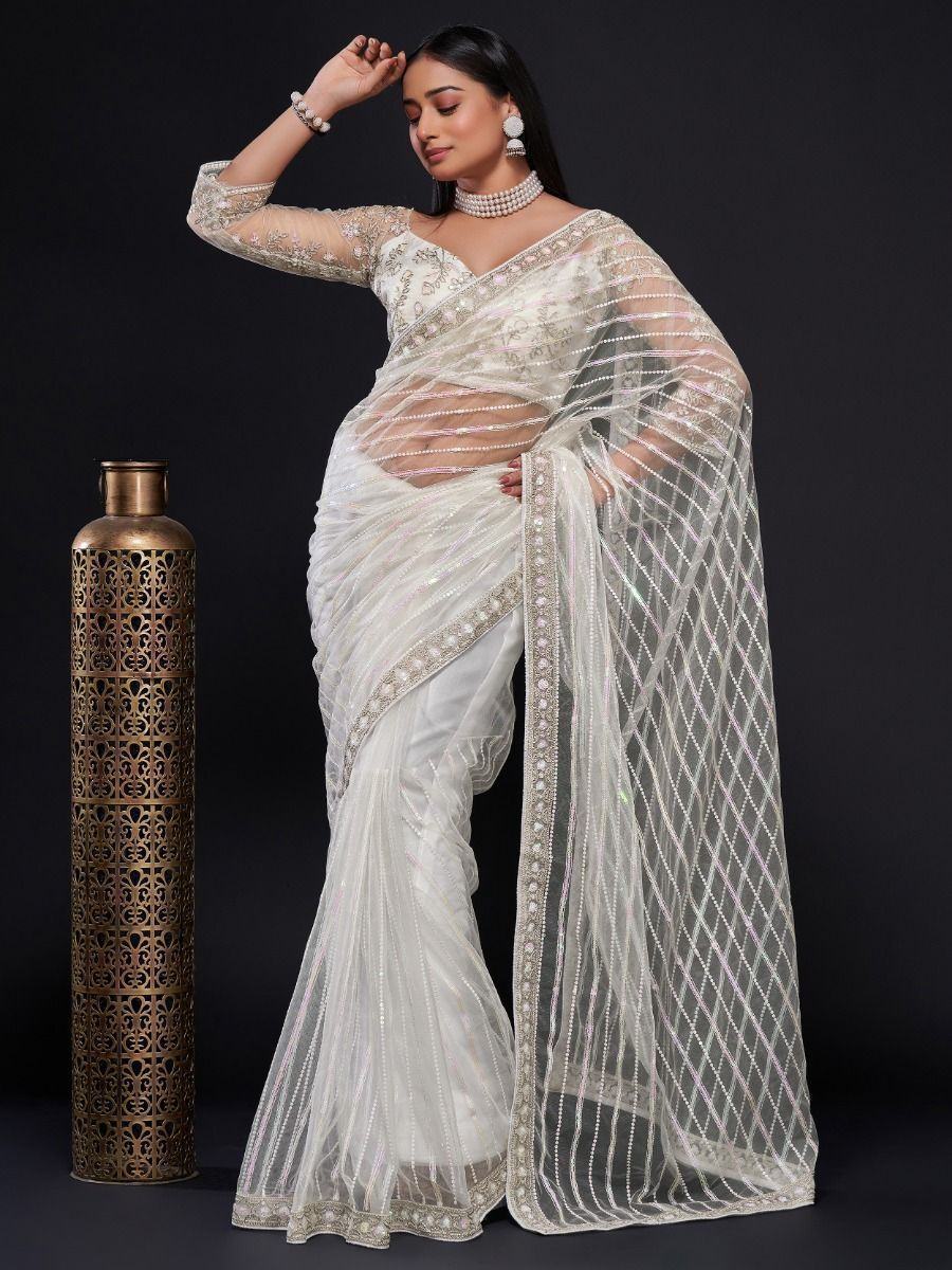Glamorous White Sequin Work Net Party Wear Saree With Blouse