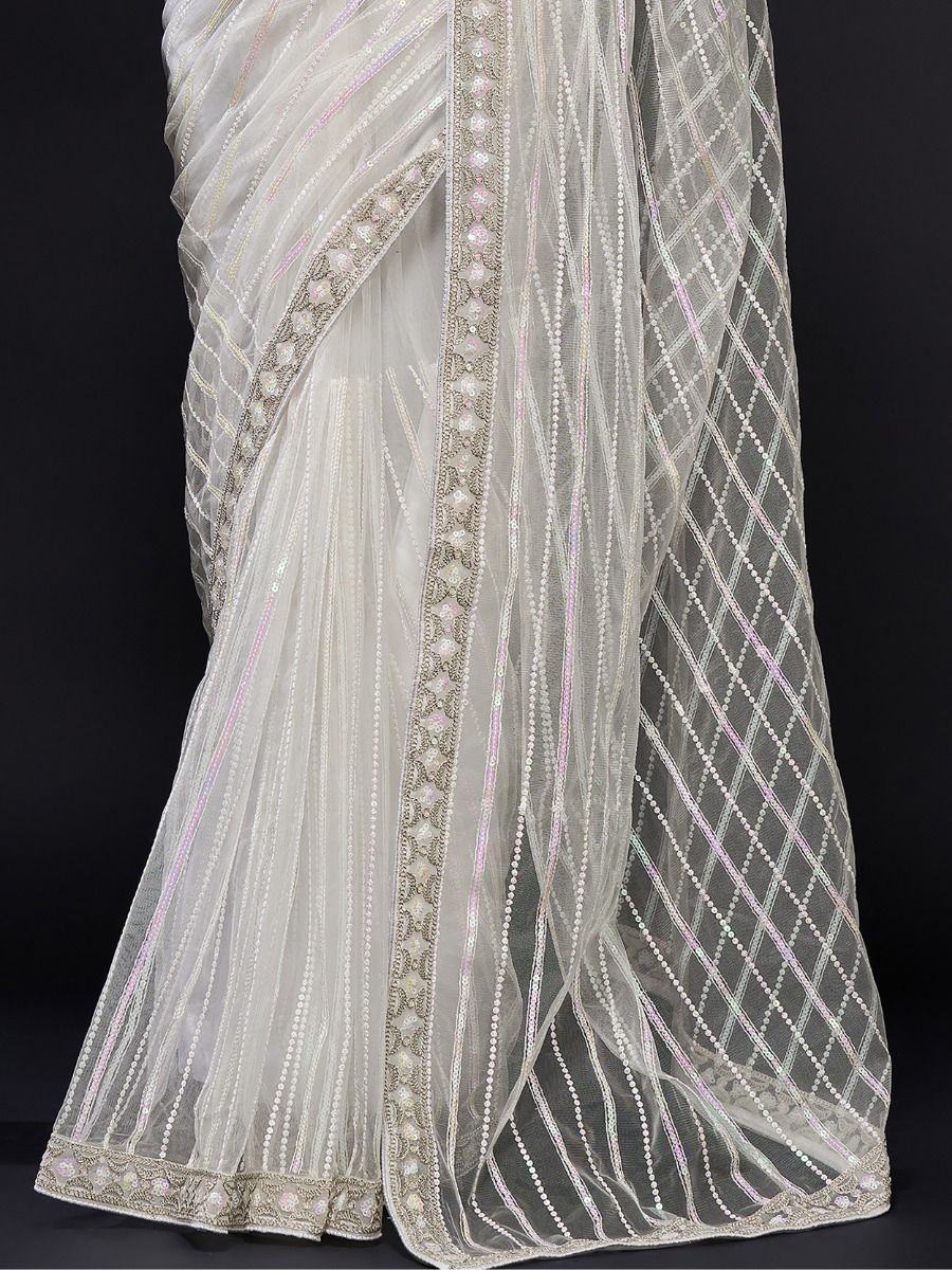 Glamorous White Sequin Work Net Party Wear Saree With Blouse