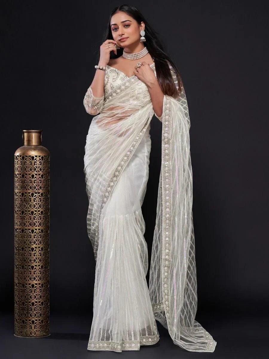 Glamorous White Sequin Work Net Party Wear Saree With Blouse