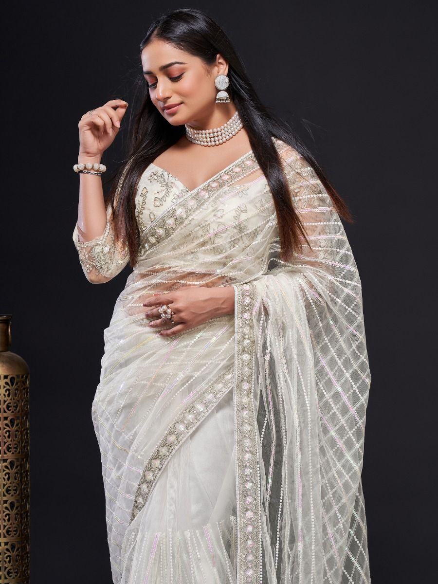 Glamorous White Sequin Work Net Party Wear Saree With Blouse