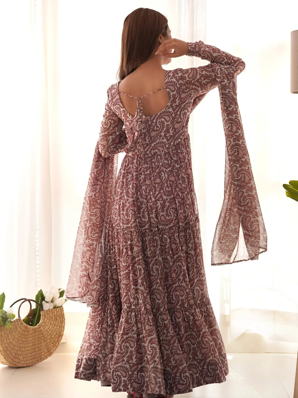 Impressive Brown Digital Printed Long Anarkali Gown With Dupatta