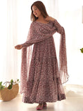Impressive Brown Digital Printed Long Anarkali Gown With Dupatta