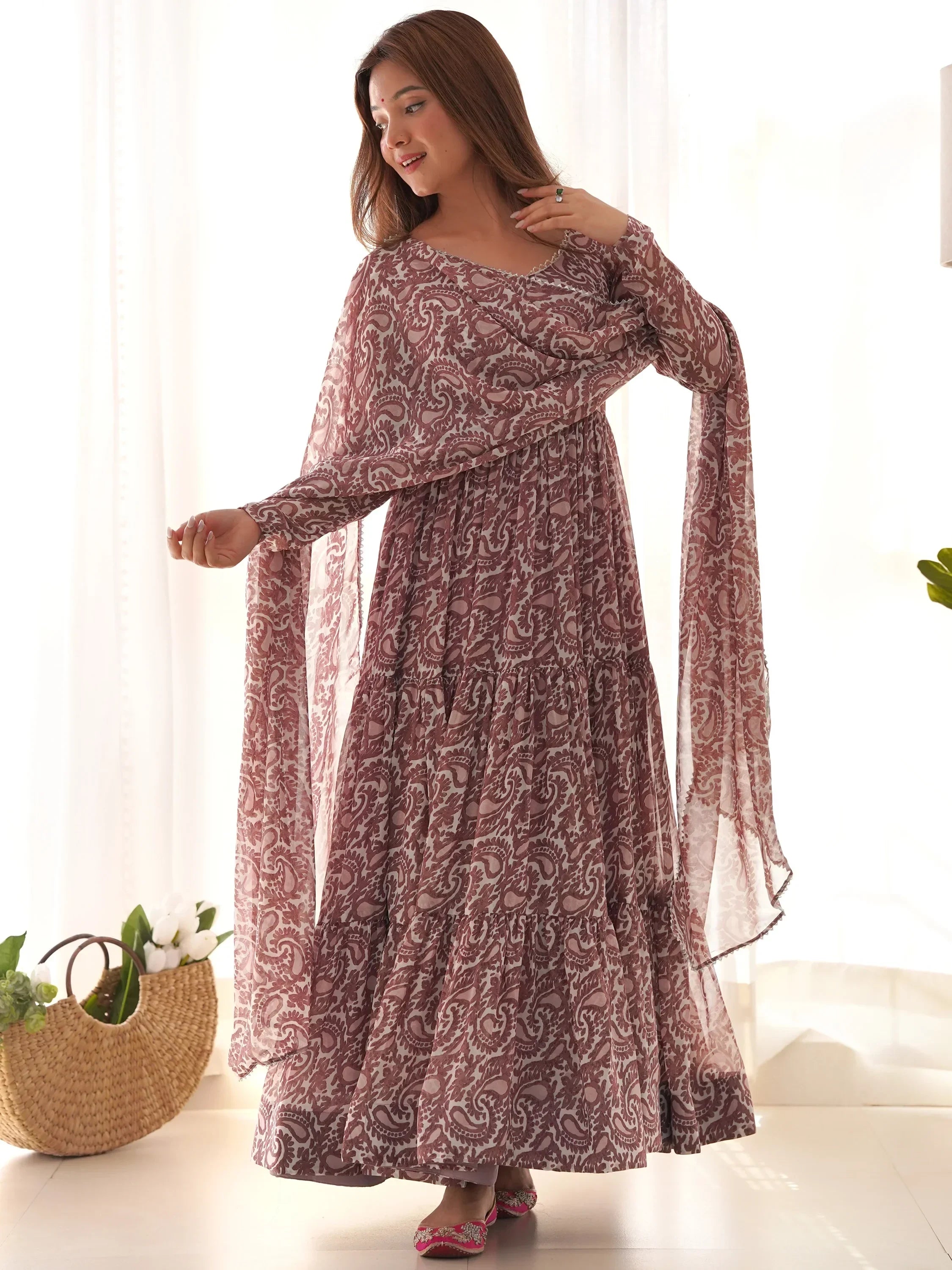 Impressive Brown Digital Printed Long Anarkali Gown With Dupatta