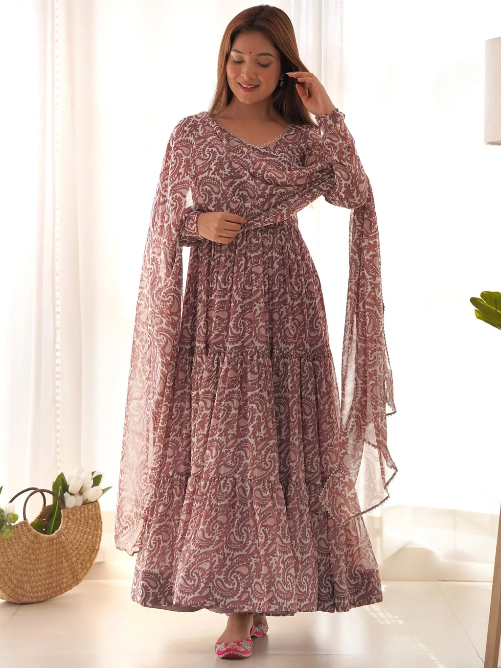 Impressive Brown Digital Printed Long Anarkali Gown With Dupatta
