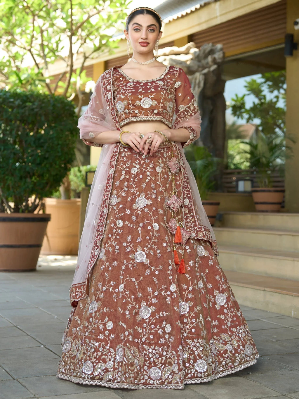 Impressive Brown Sequins Tissue Silk Wedding Wear Lehenga Choli