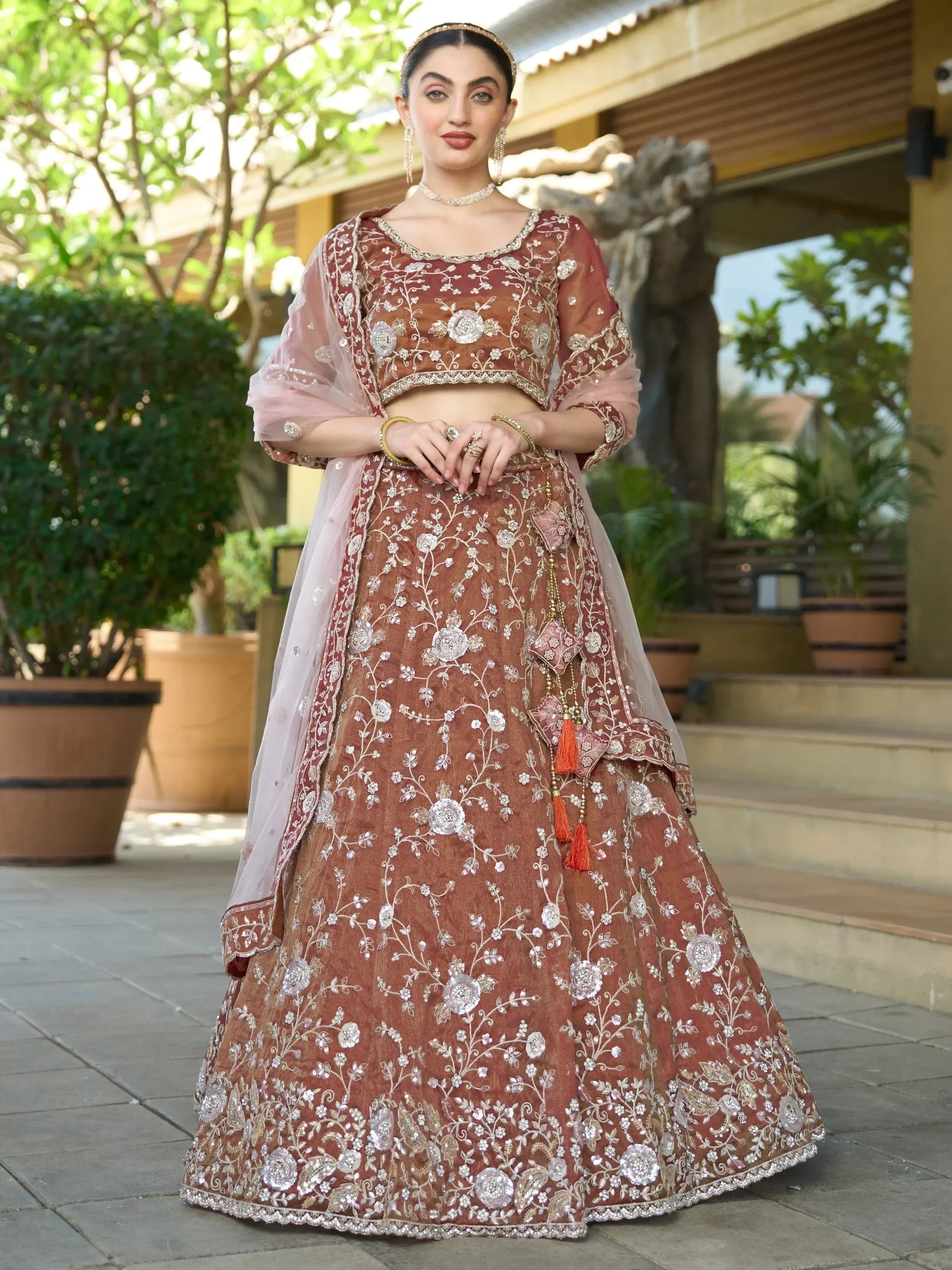 Impressive Brown Sequins Tissue Silk Wedding Wear Lehenga Choli