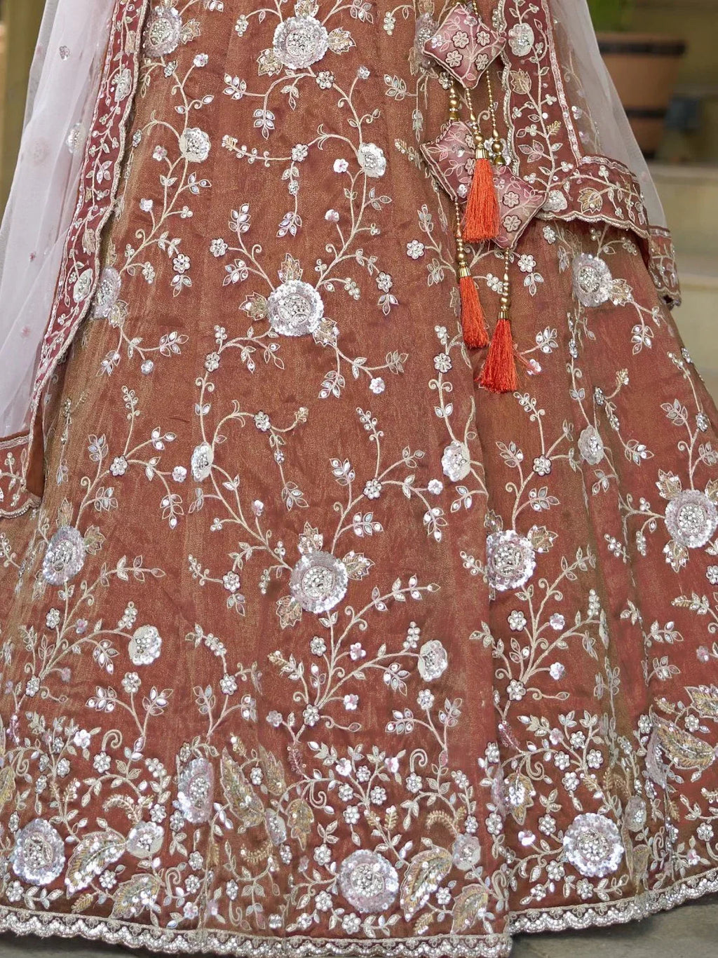 Impressive Brown Sequins Tissue Silk Wedding Wear Lehenga Choli