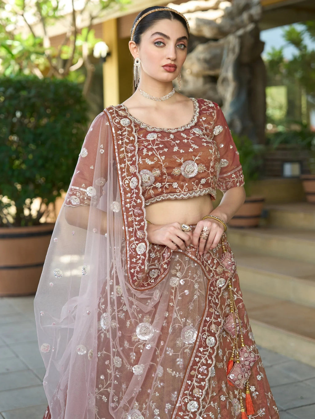 Impressive Brown Sequins Tissue Silk Wedding Wear Lehenga Choli