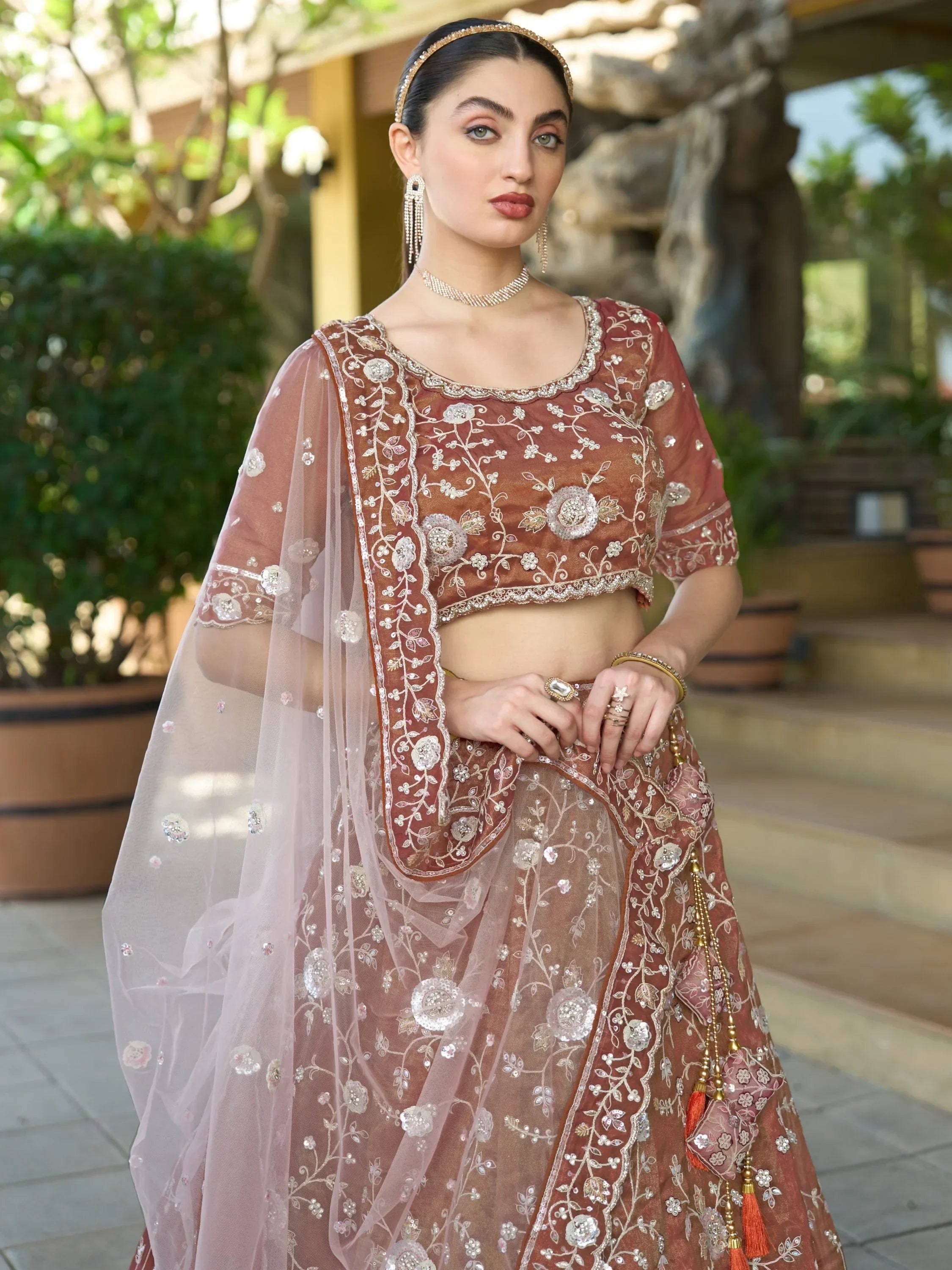 Impressive Brown Sequins Tissue Silk Wedding Wear Lehenga Choli