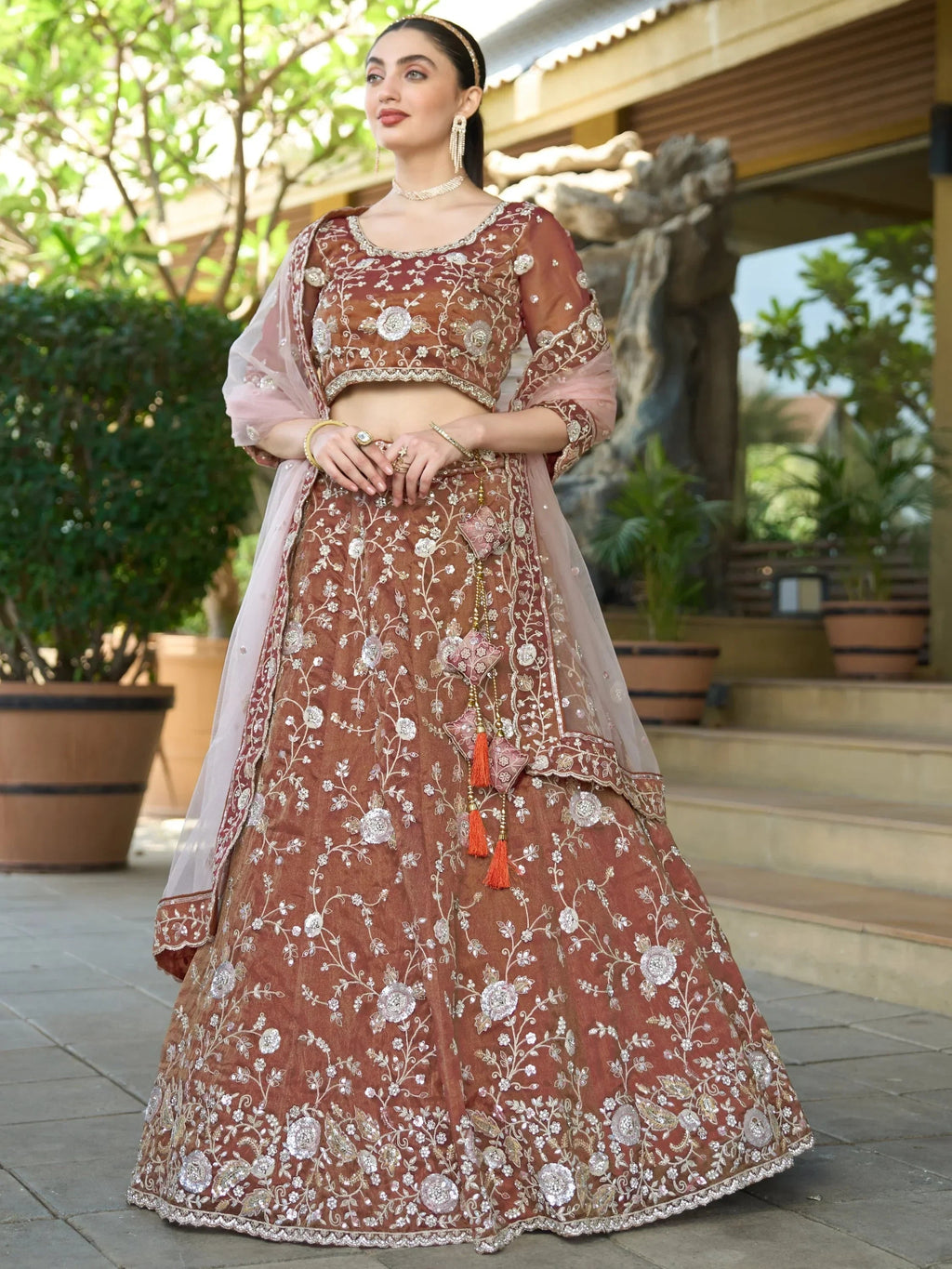 Impressive Brown Sequins Tissue Silk Wedding Wear Lehenga Choli