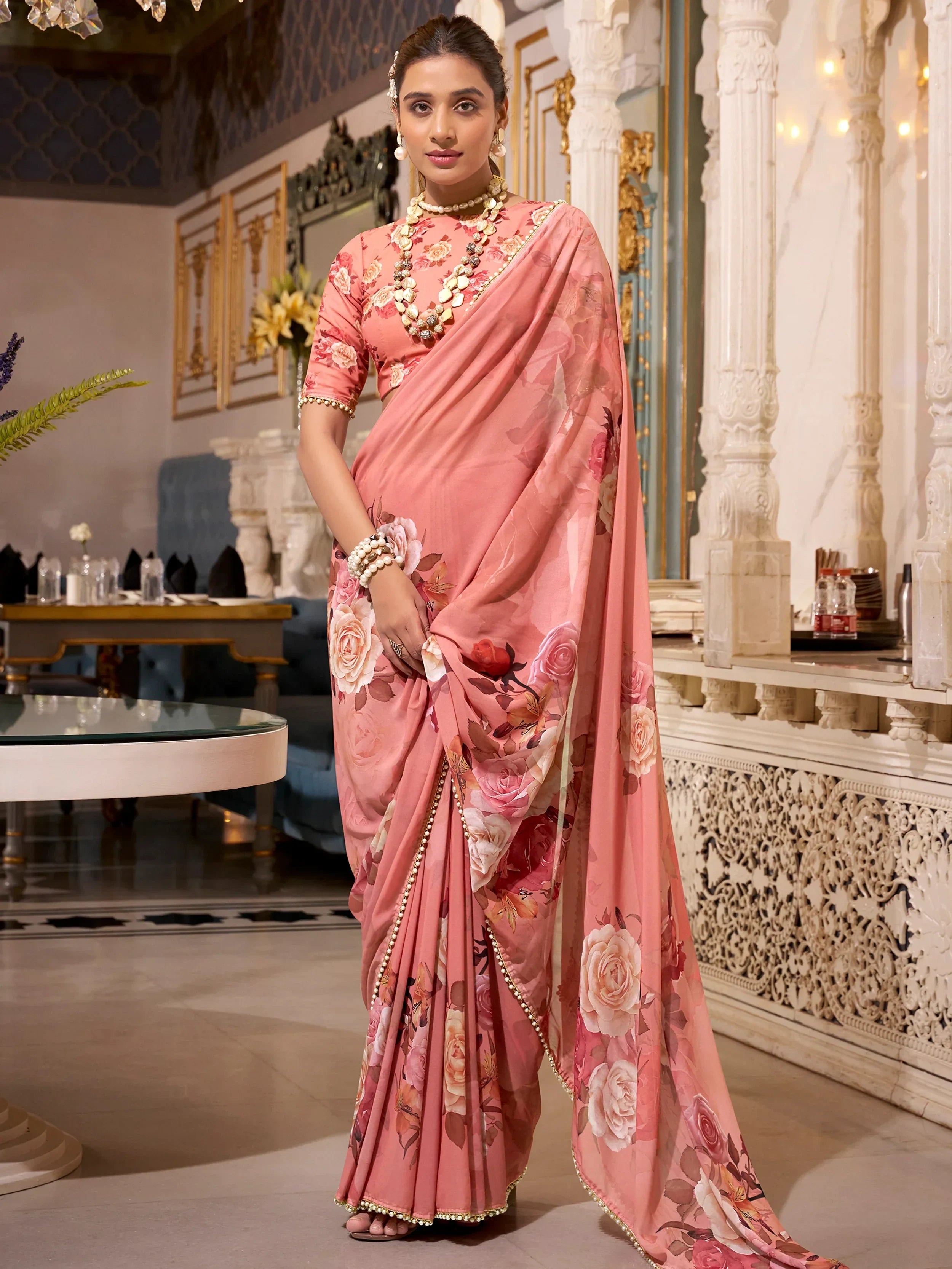 Orange Artistic Georgette Floral Printed Saree With Blouse