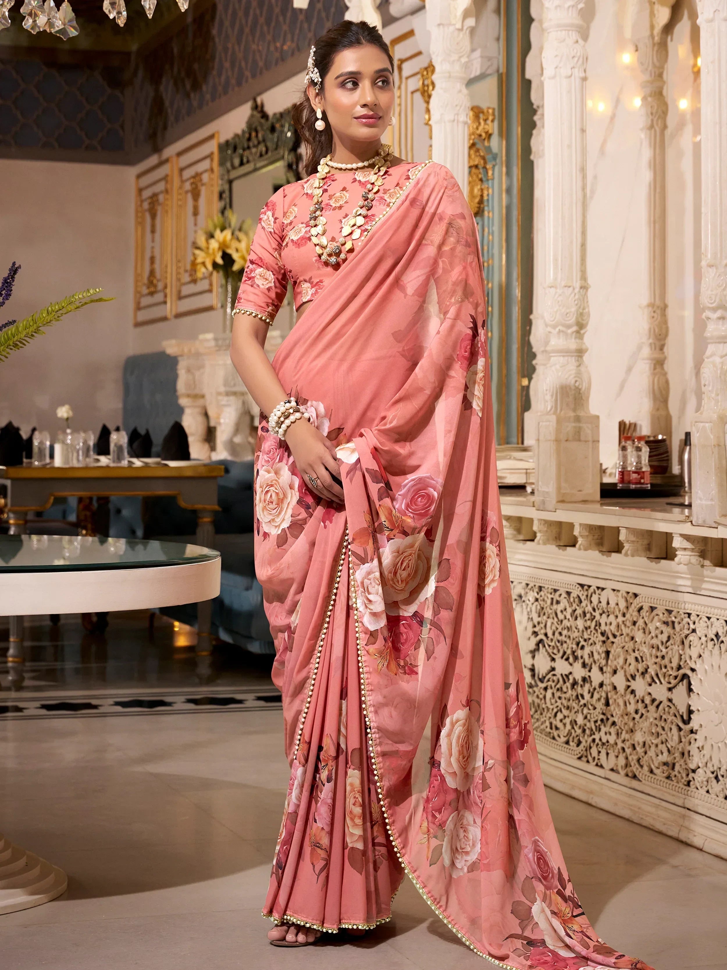 Orange Artistic Georgette Floral Printed Saree With Blouse