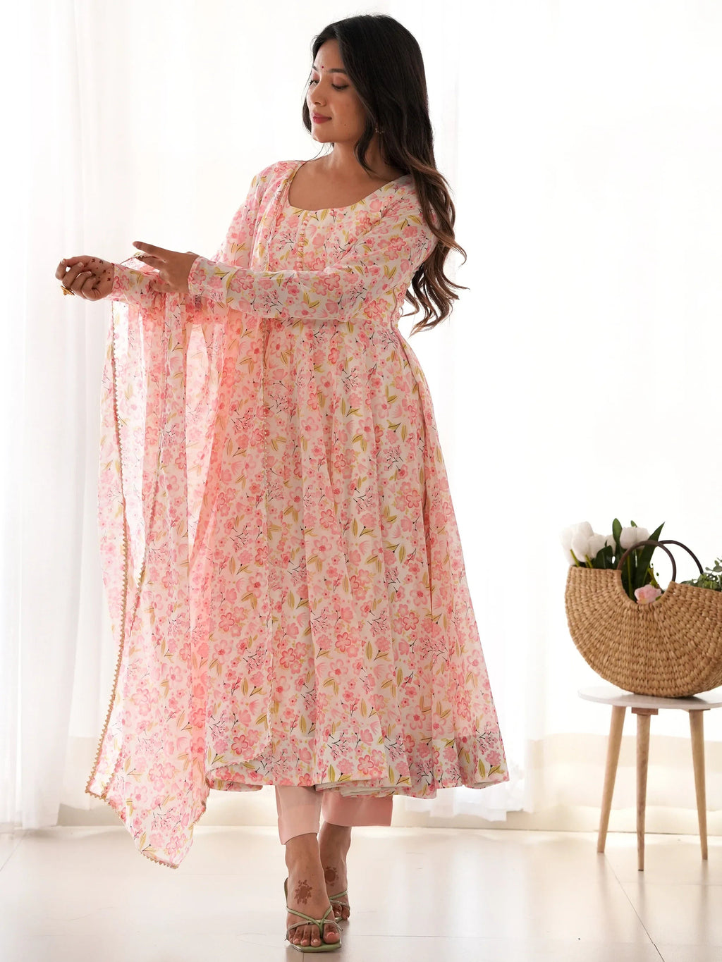 Impressive Peach Chiffon Floral Printed Casual Wear Anarkali Suit