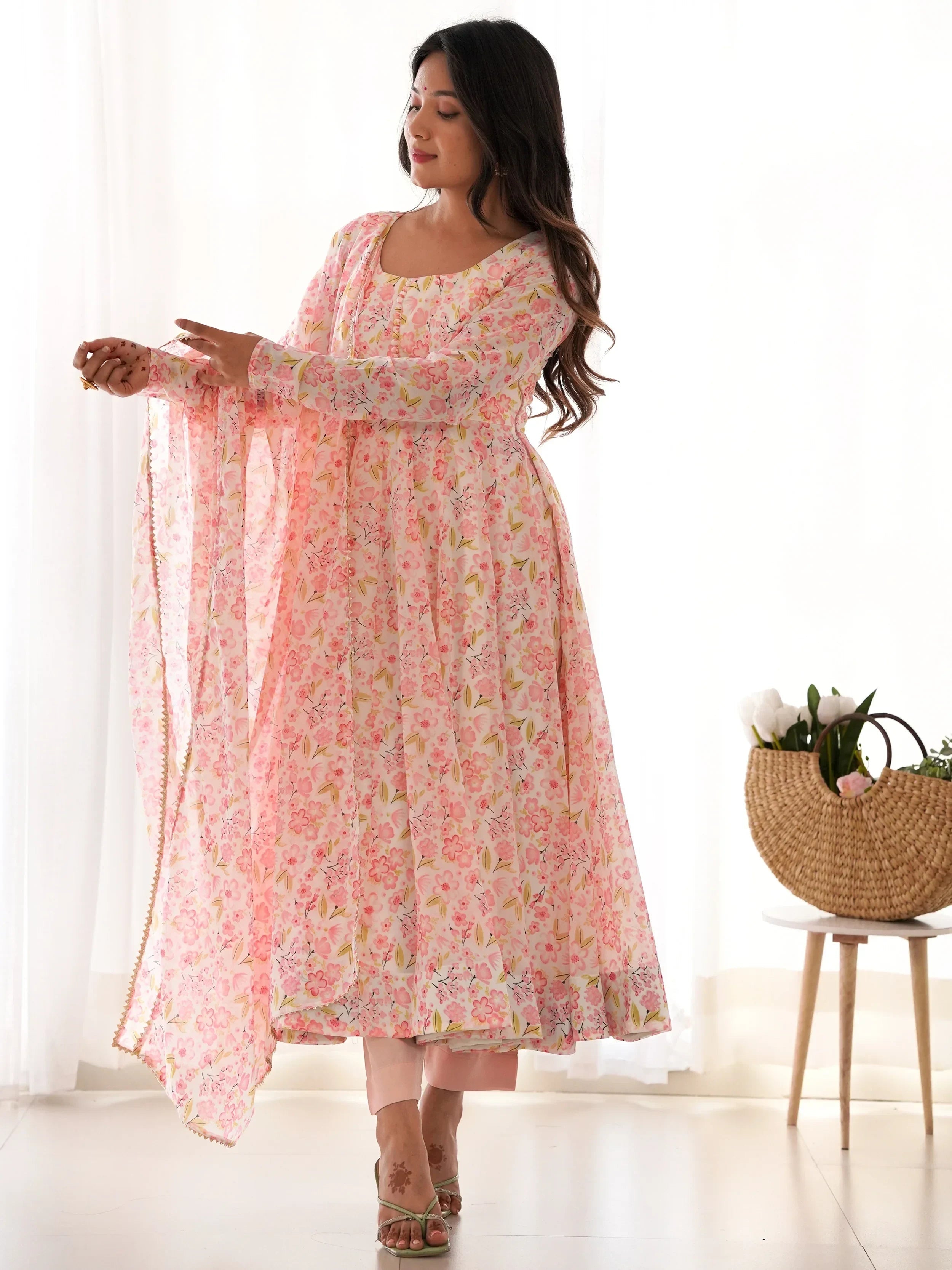 Impressive Peach Chiffon Floral Printed Casual Wear Anarkali Suit