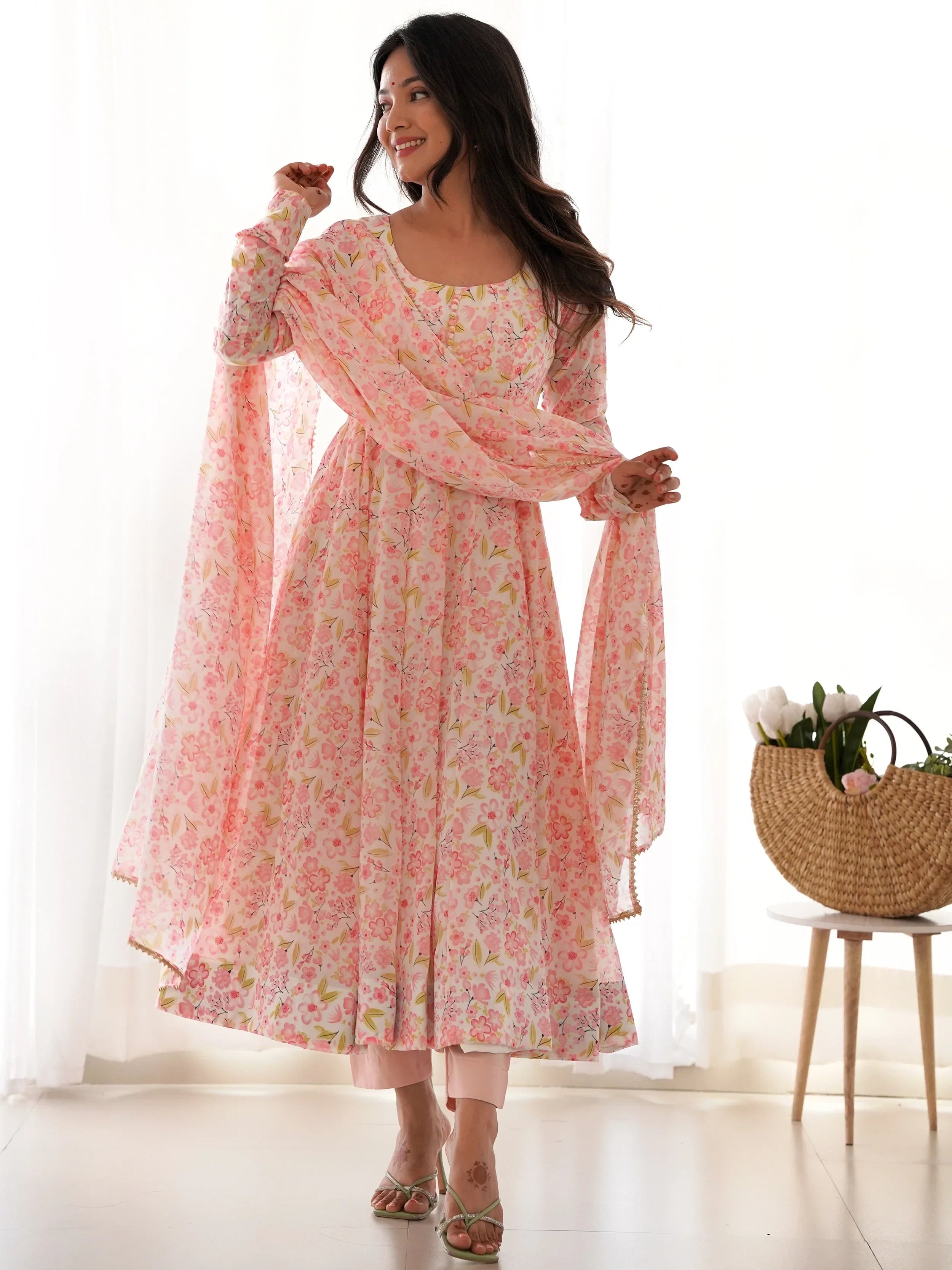 Impressive Peach Chiffon Floral Printed Casual Wear Anarkali Suit
