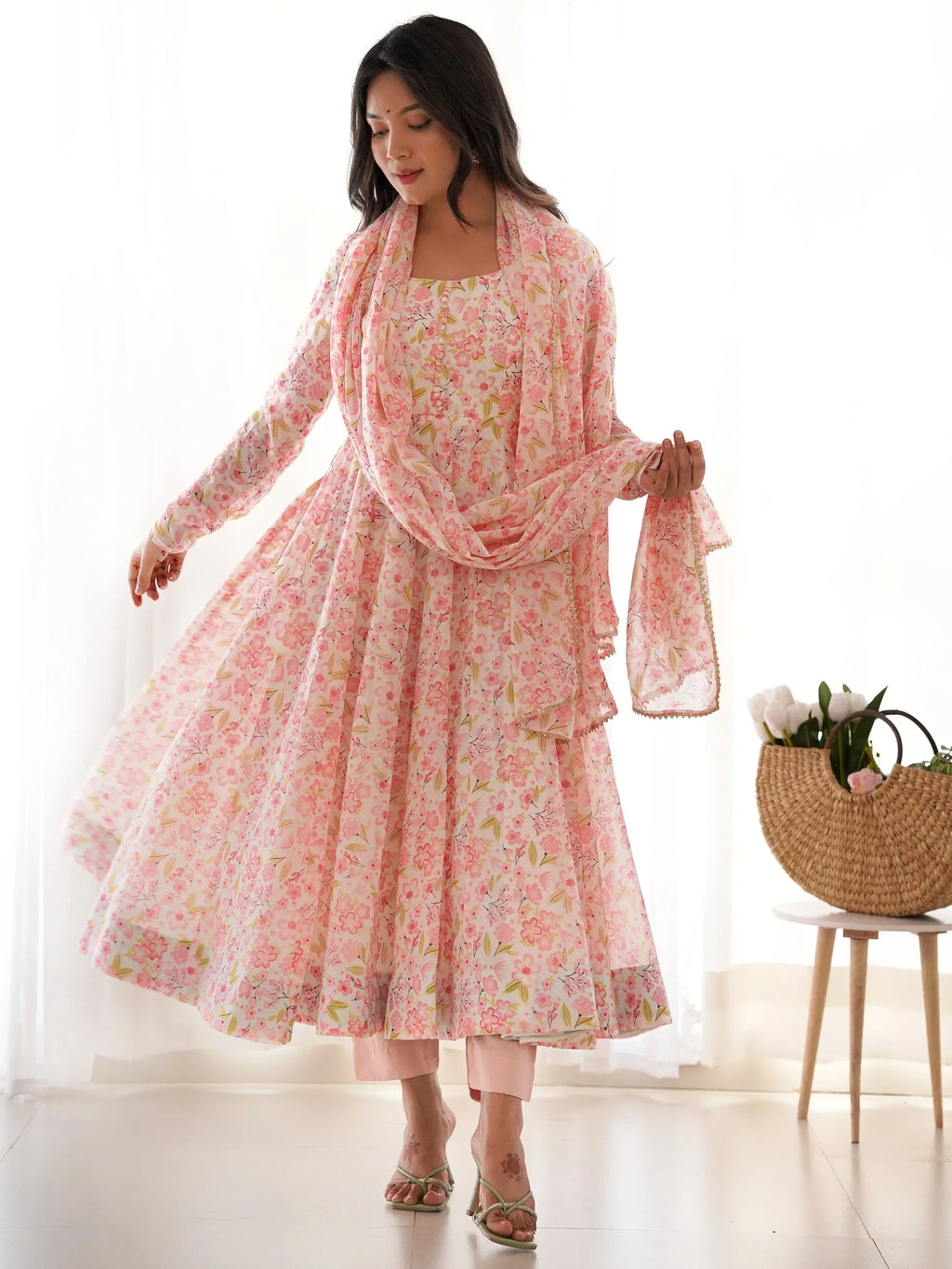 Impressive Peach Chiffon Floral Printed Casual Wear Anarkali Suit