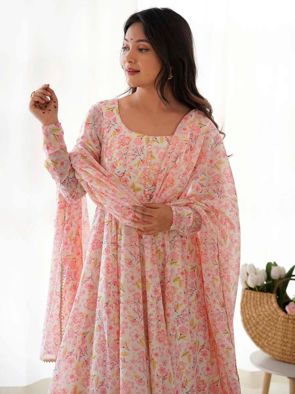 Impressive Peach Chiffon Floral Printed Casual Wear Anarkali Suit
