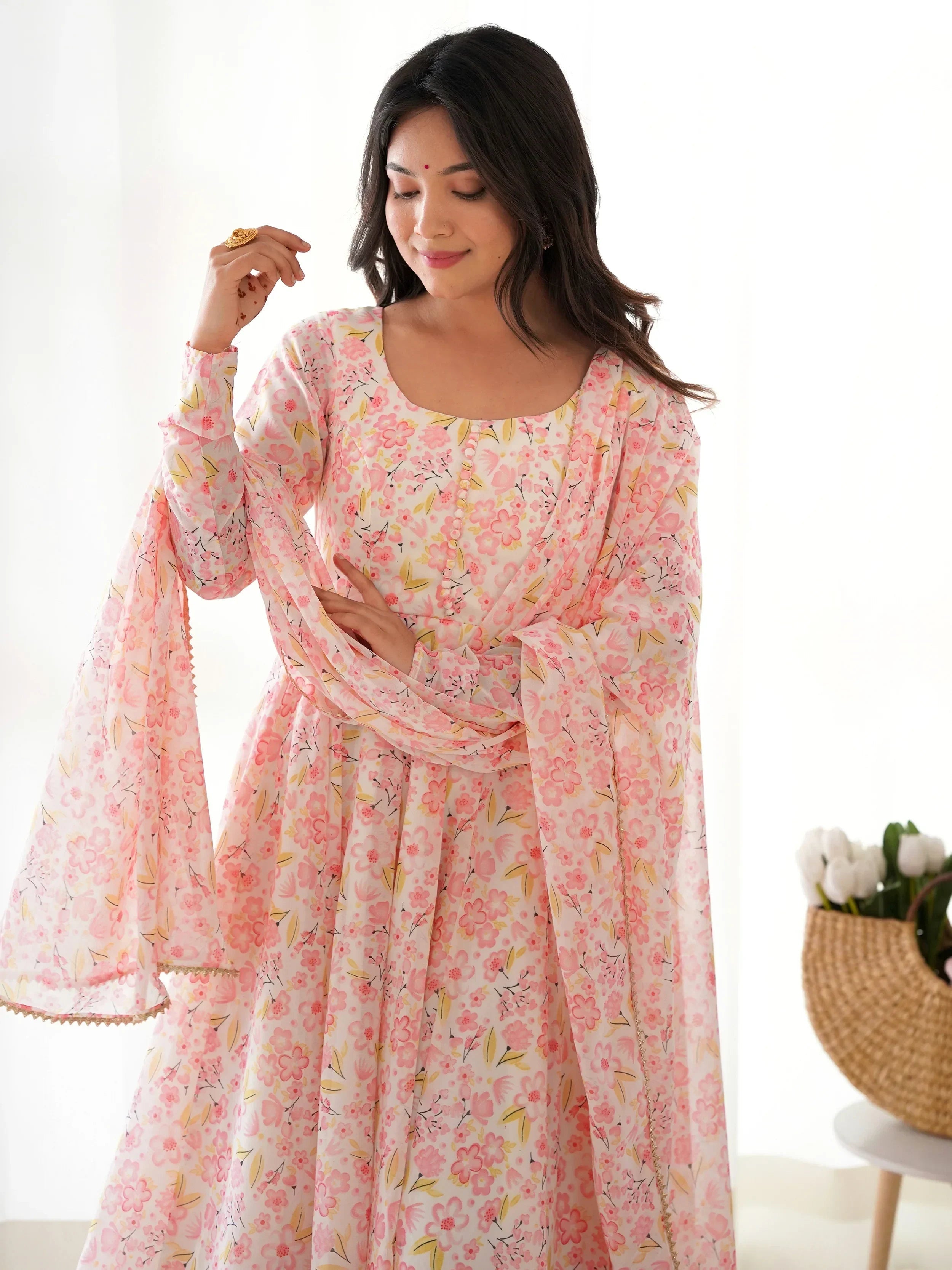 Impressive Peach Chiffon Floral Printed Casual Wear Anarkali Suit