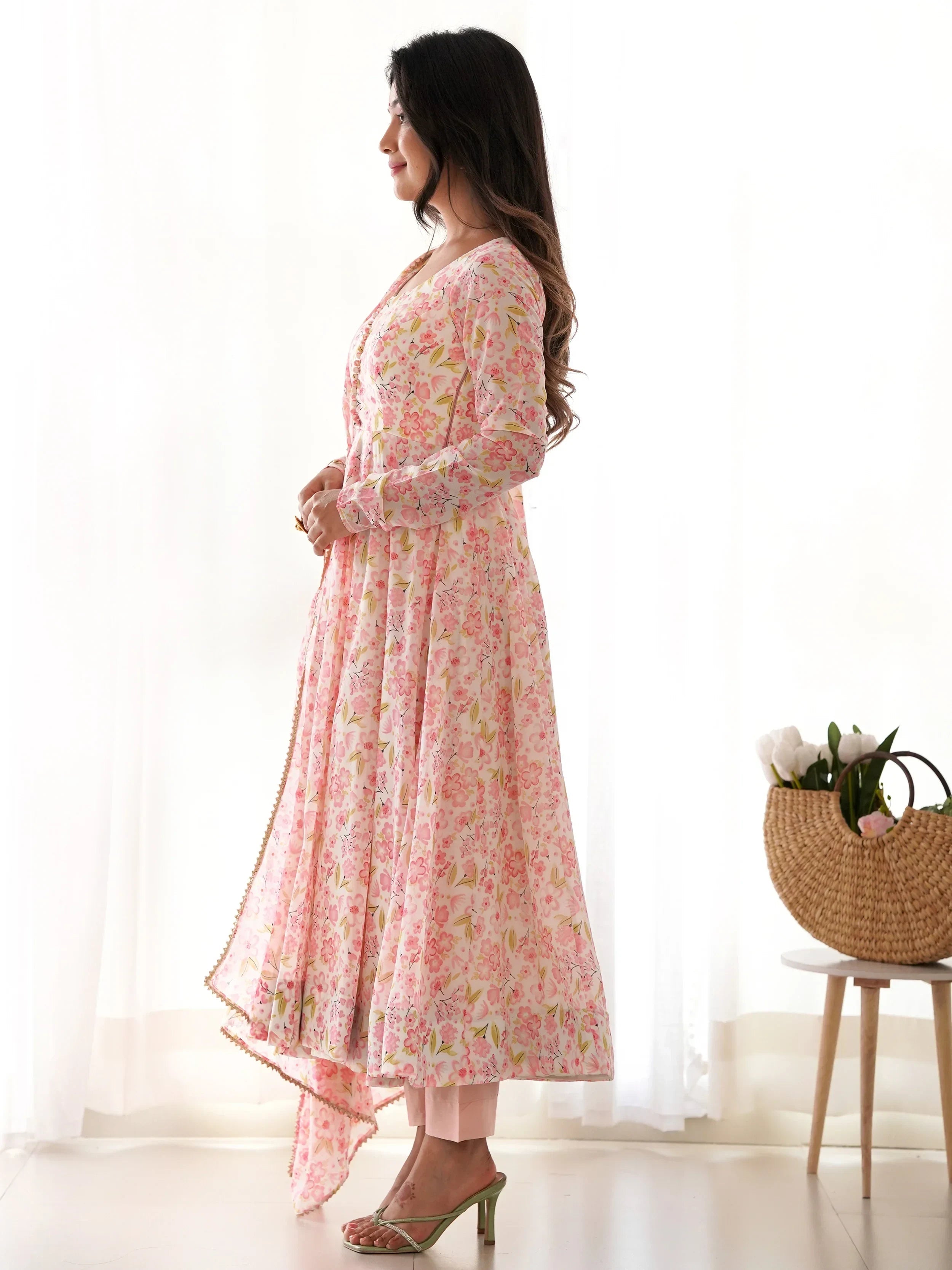 Impressive Peach Chiffon Floral Printed Casual Wear Anarkali Suit