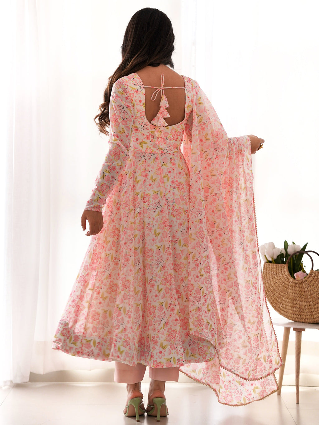 Impressive Peach Chiffon Floral Printed Casual Wear Anarkali Suit