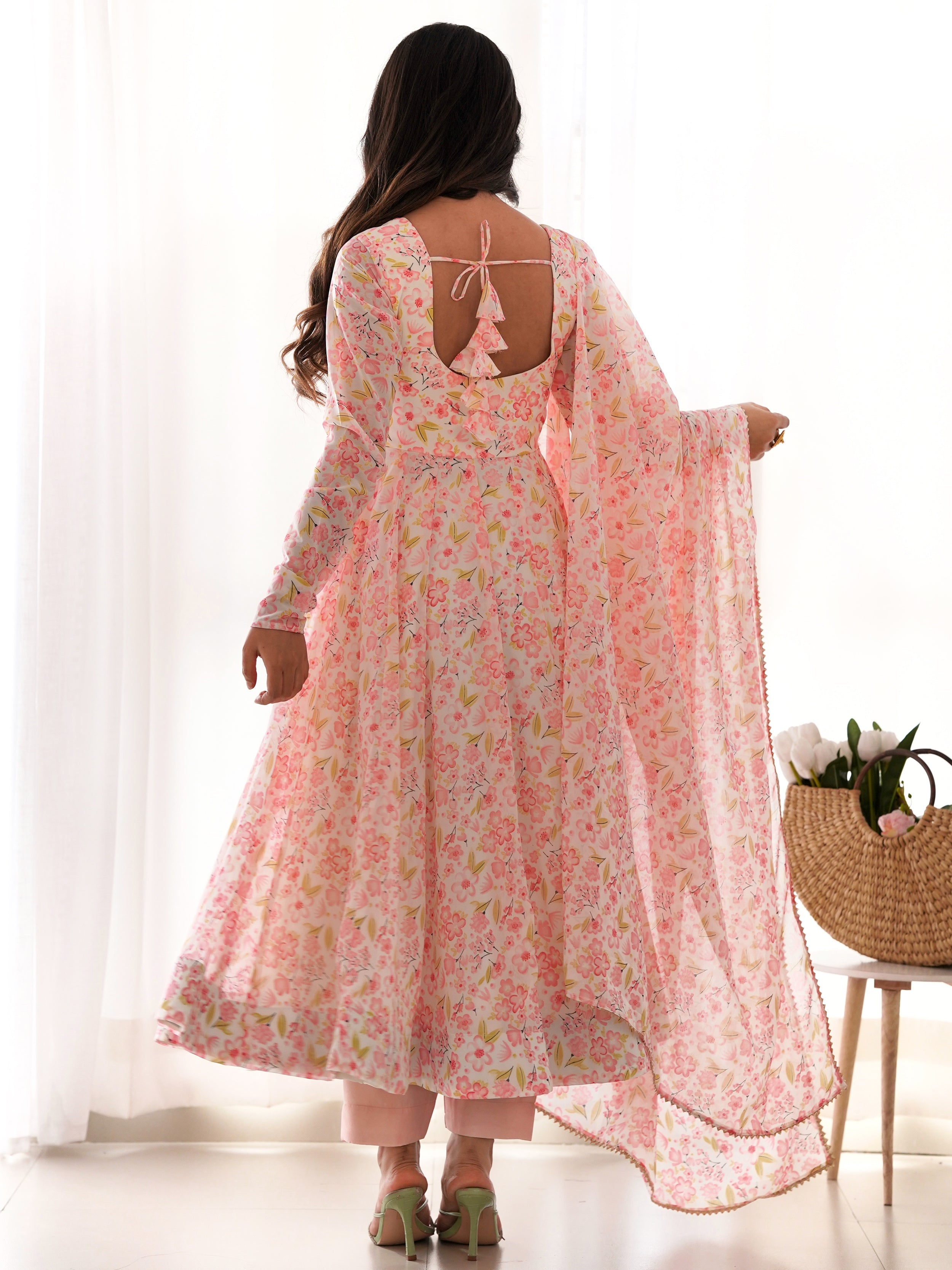 Impressive Peach Chiffon Floral Printed Casual Wear Anarkali Suit